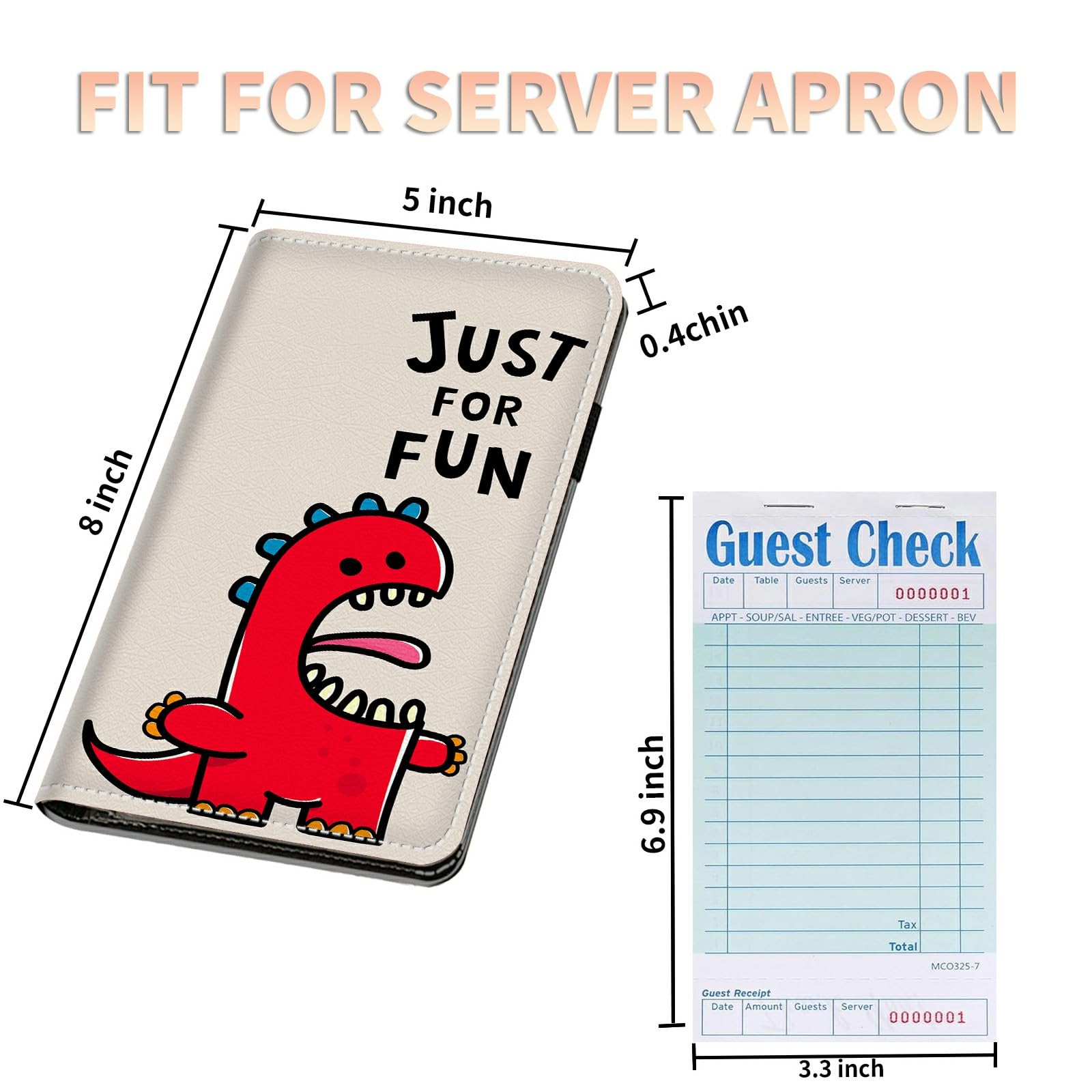 Server Books Plus 2 Pack Guest Checks Pads for Waitress Waiter, Just for Fun Dinosaur Server Booklet Waitstaff Organizer with Zipper Pocket Guest Check Presenters Server Wallet (5