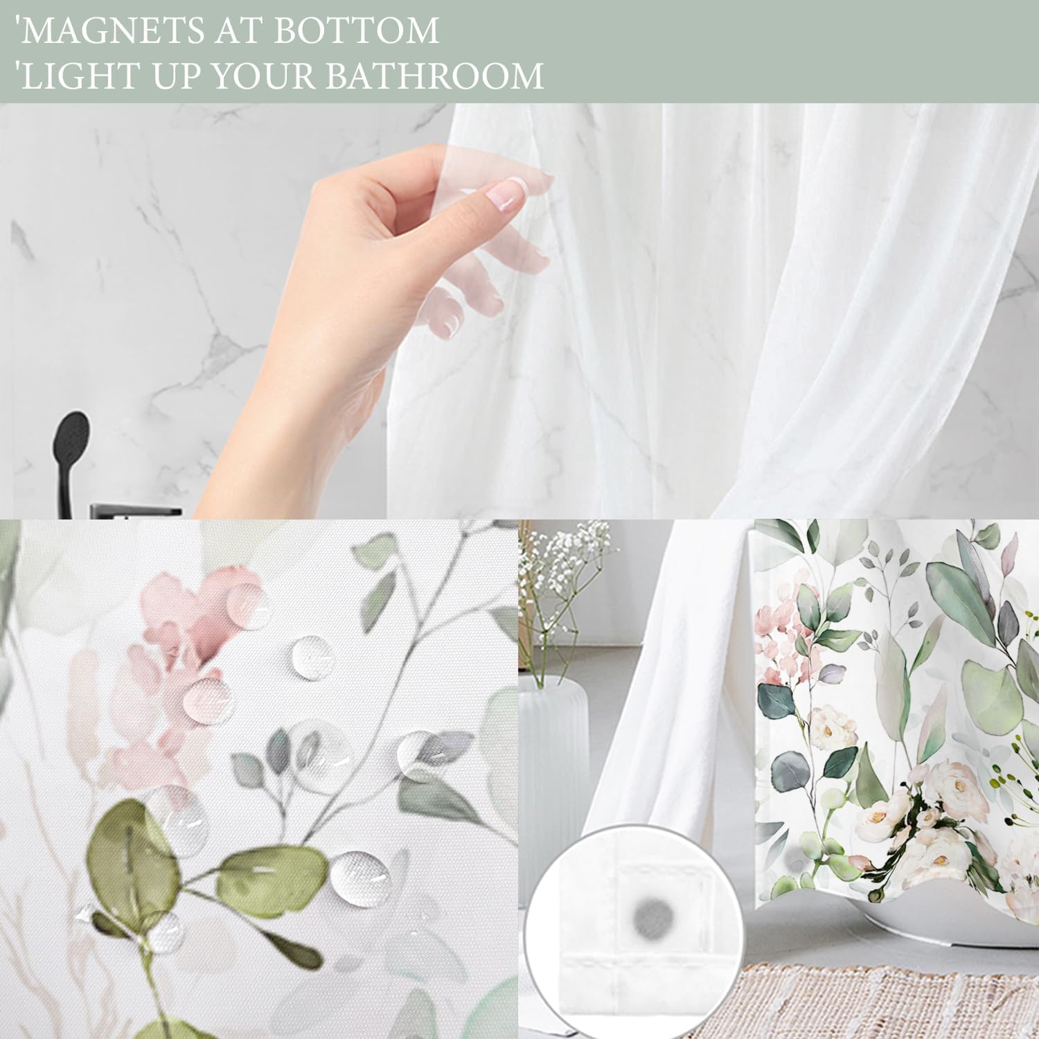 Tititex No Hooks Snap in Liner Blush Pink Floral Shower Curtain Sets, Hotel Luxury Double Layers Waterproof Fabric & See-Through Top Window Bathroom Decorative 72x72 Inch