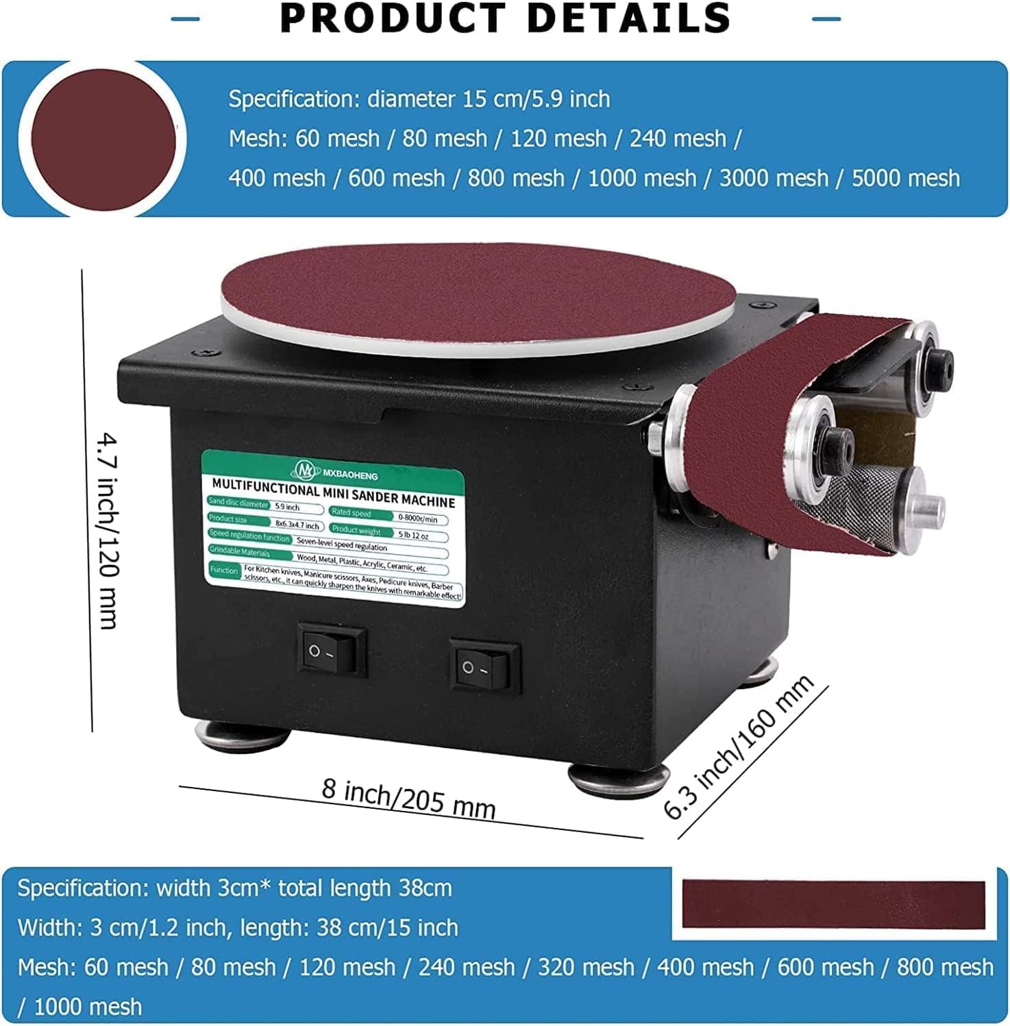 Bench Disc Sander, Mini Disc Sander, 6-Inch Electric Polishing Grinding Machine, 7 Variable Speed DIY Sander for Wood Crafts Metal Stone Grinding.