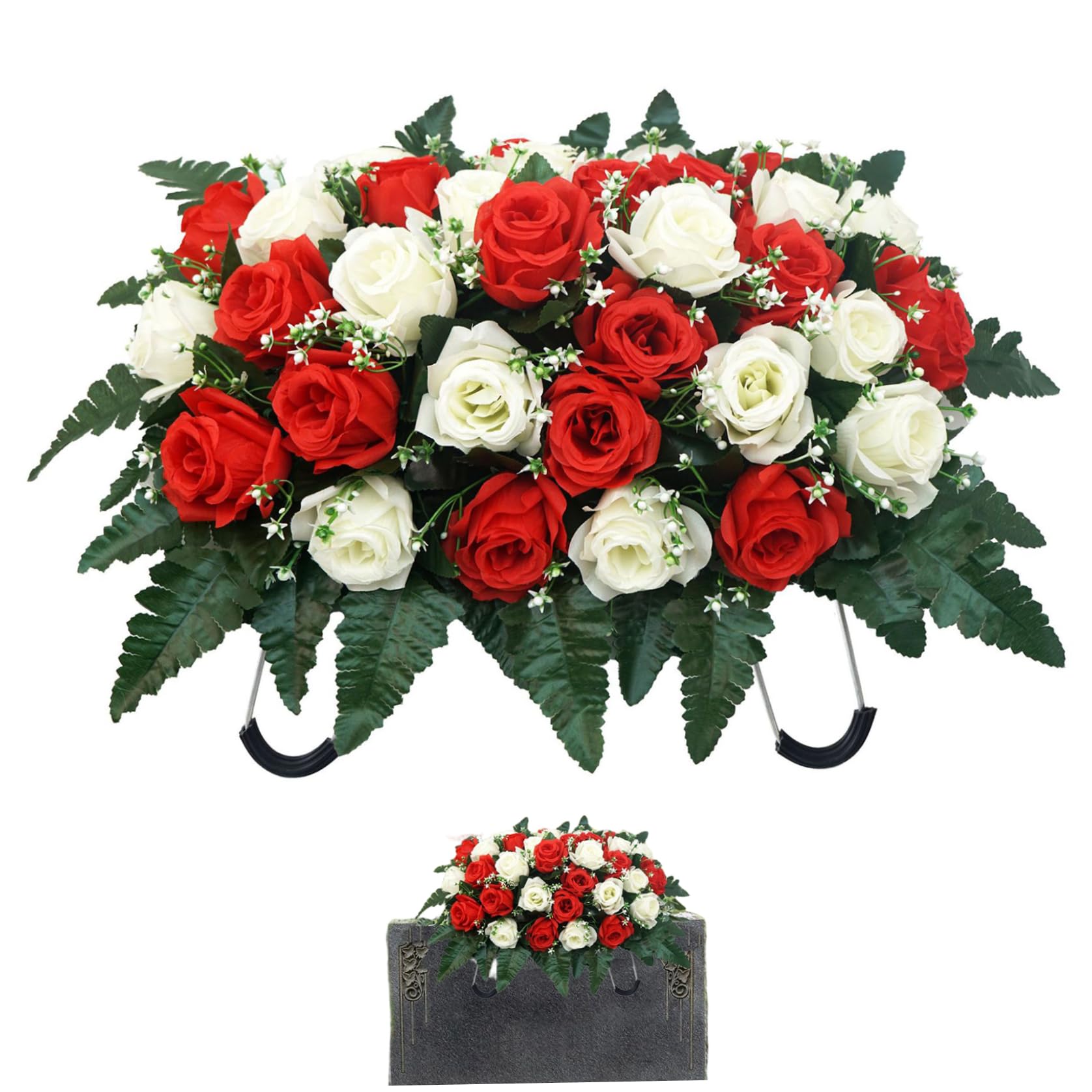 Ginwrek Grave Saddles for Headstone Headstone Flower Saddle, Realistic Artificial Rose Wreath with Adjustable Metal Mount, Weather-Resistant Cemetery Flowers