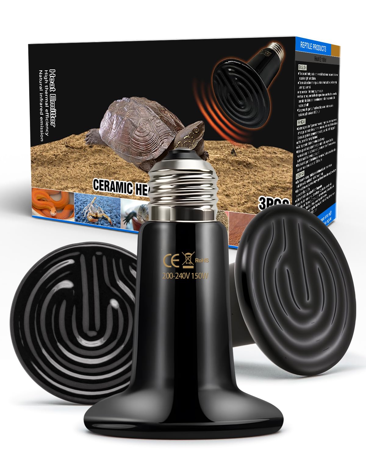 Ruiandsion 3 Pack 150W Ceramic Heat Lamp-No Light Infrared Emitter Bulb for Reptiles(Lizard/Turtle/Snake)-E26 E27 Screw 220V-Non-Harmful Pet Heating Lamp for Terrarium/Aquarium