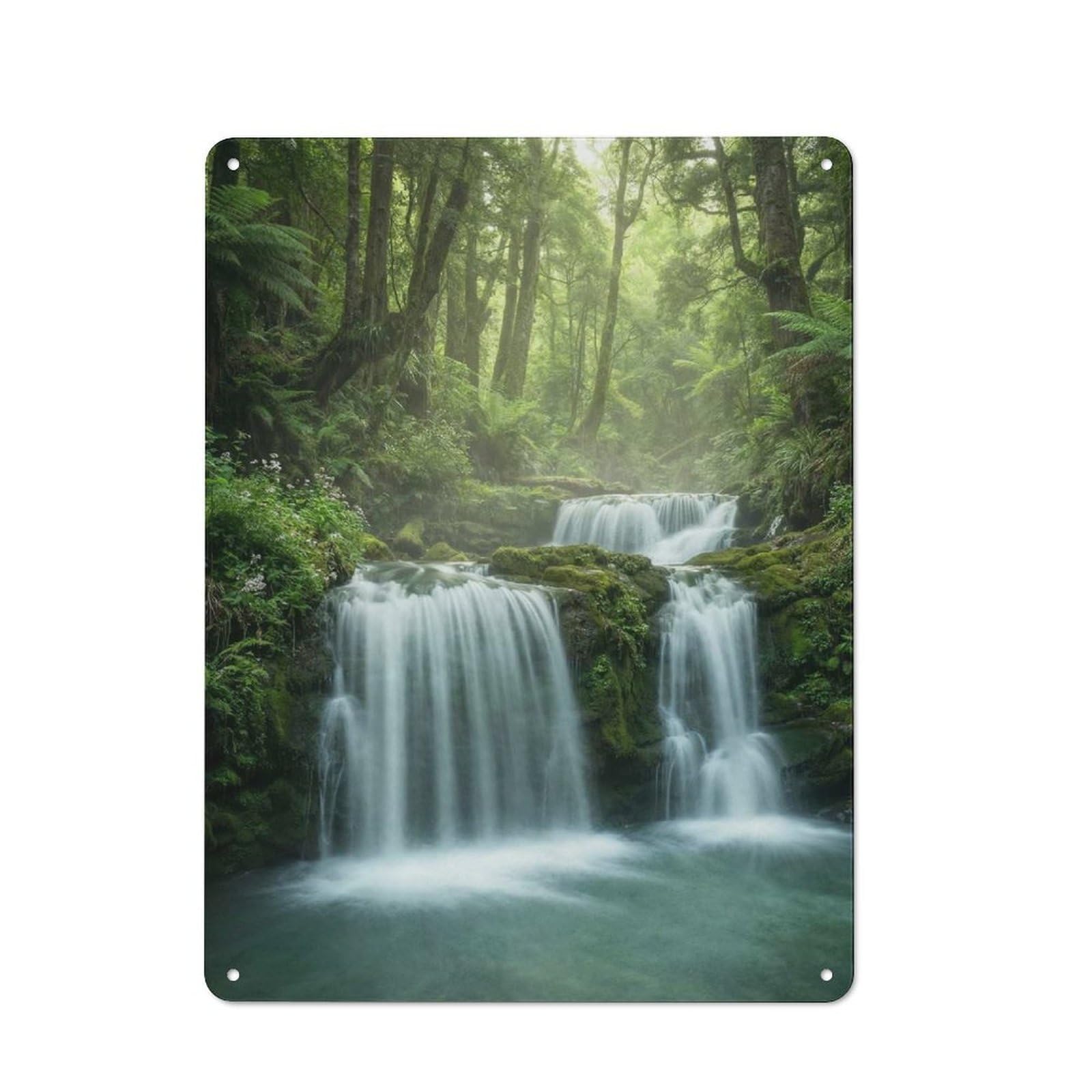 Junmoney Style-7 Tin Wall Plaque 40X30cm With Lush Forest Waterfall For Bar Or Restaurant, Suited To Restaurant Interior Fans