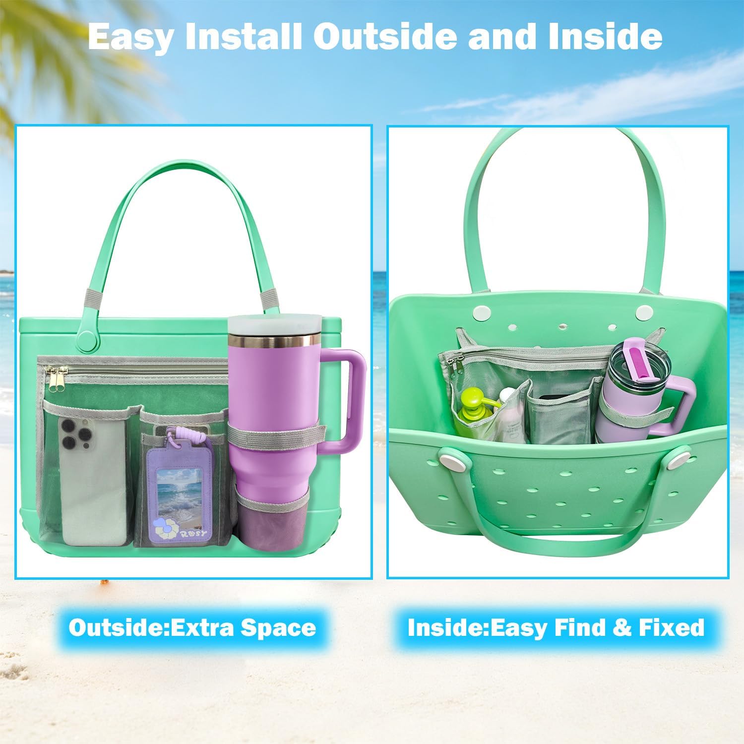 Mesh Pouch Organizer for XL Bogg Bag & Simple Modern Bag – Bogg Bag Accessories with Cup & Phone Holder Compatible with 30/40 oz Stanley, Fit XL Bog Beach Rubber Tote Bag, Gray
