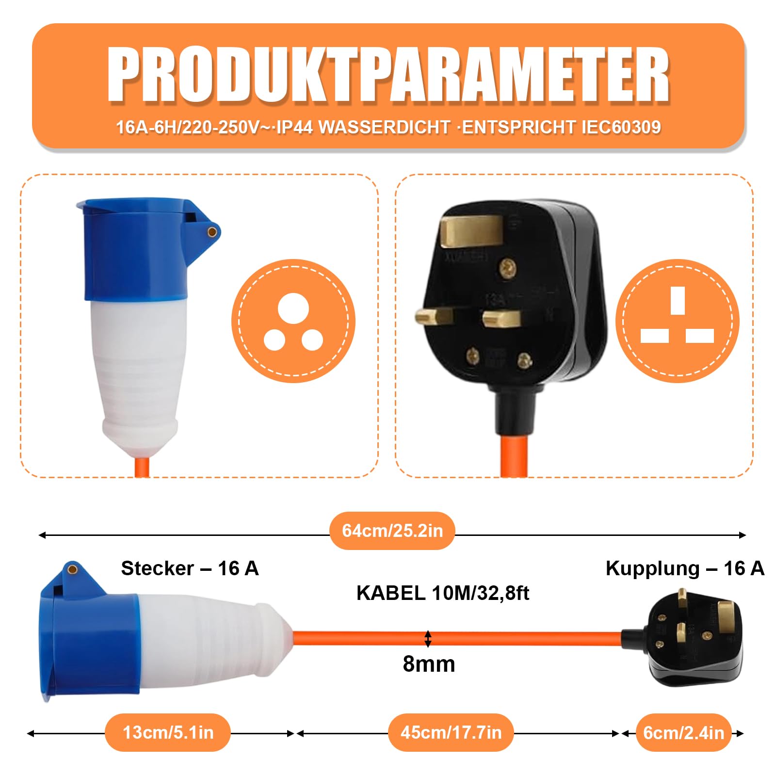 CEE Verlängerungskabel 25m - Robustes Wohnwagen Kabel, 16 Ampere 240V Campingkabel - Gut Sichtbares Orangefarbenes - Camping Stromkabel Ideal für Wohnmobil (25 Meter)