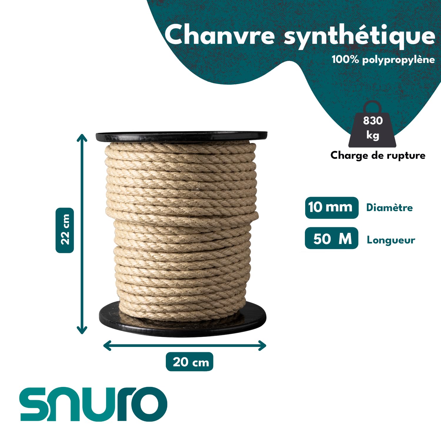 Corde de Chanvre Synthétique (10mm, 50M) - épaisse, torsadée, Aspect Naturel - Loisirs, Sport & Décoration - Charge de Rupture 830kg