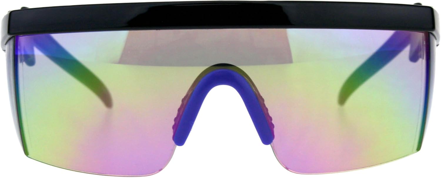 Flat Top Crooked Bolt Arm Goggle Style Color Mirror Shield 80s Sunglasses - Image 2