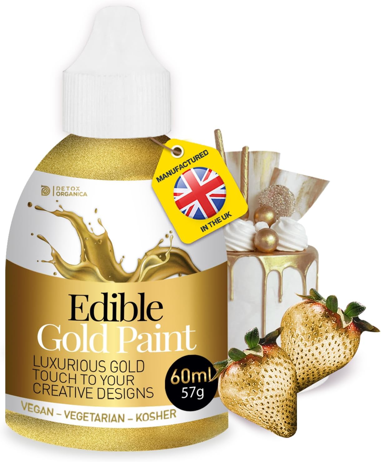 Gold Edible Paint 60 ml - Edible Gold Paint for Cake Decorating – Food Colour Liquid to Use with Sponge, Brush or Thinned with Airbrush – Vegan, Vegetarian Suitable