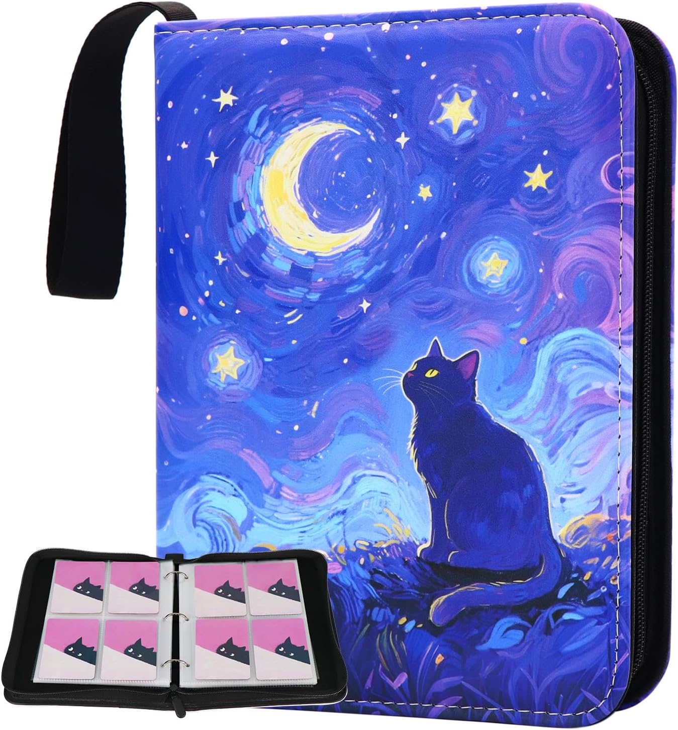 Cute Cat Card Binder, 400 Pocket Card Album for Girls Gifts, Black Cat kitten Trading Game Card Holder Album for Standard Size Cards, Collectible Game Collection Case (Starry)