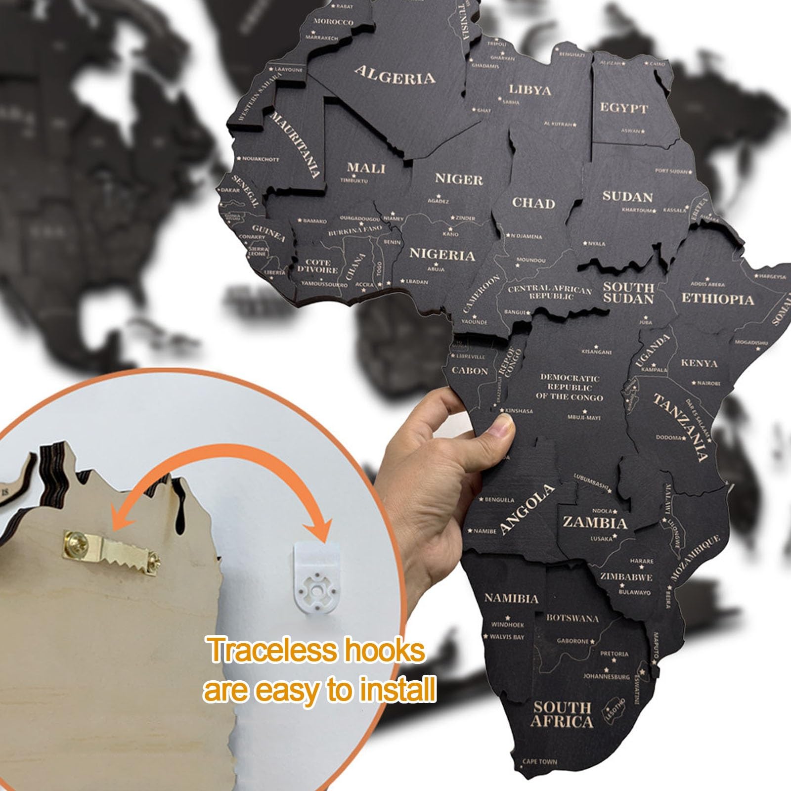 Mapa Mundi de Madera 3D Decoración de Pared, Gran Planisferio de Madera Negro para Fondo de Sofá, Arte de Pared en Relieve y Decoración Creativa para Salón y Oficina(250x142cm/98.4x55.9in)