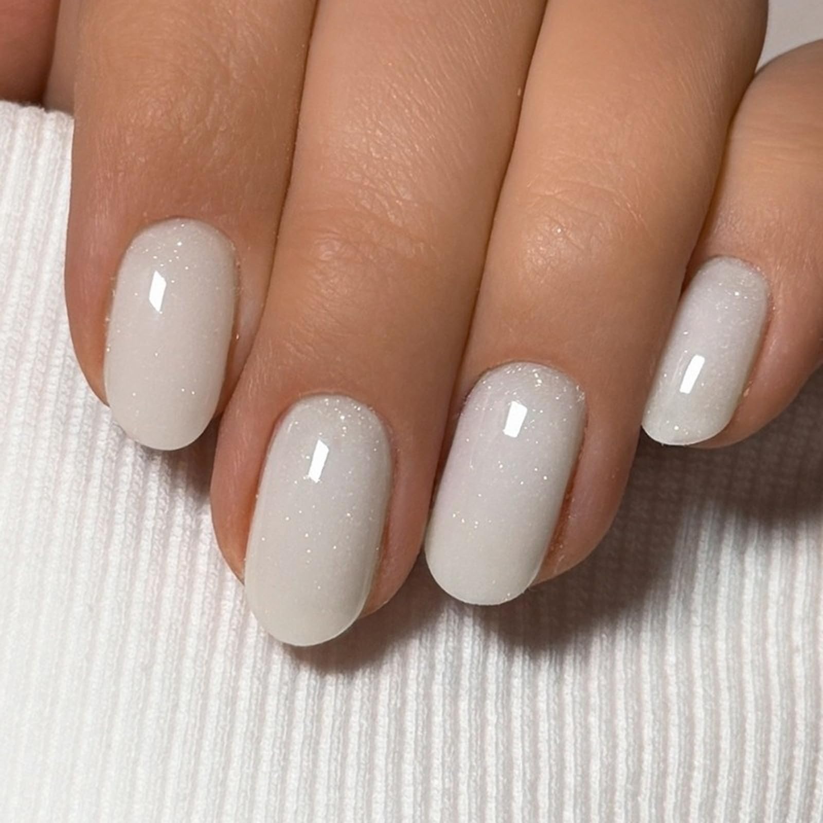 White Press on Nails Short Almond Sparkly Fake Nails False Nails with Glitter Designs Natural Nails Reusable Solid Colour Glossy Glue on Nails Acrylic