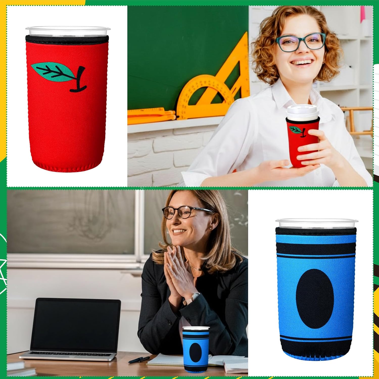 12 Pcs Teacher Appreciation Gift Reusable Iced Coffee Sleeve Insulator for Iced Hot Drinks Cold Beverage Neoprene Cooler Cover Thank You Gift for Teacher's Day Graduation(Cute)