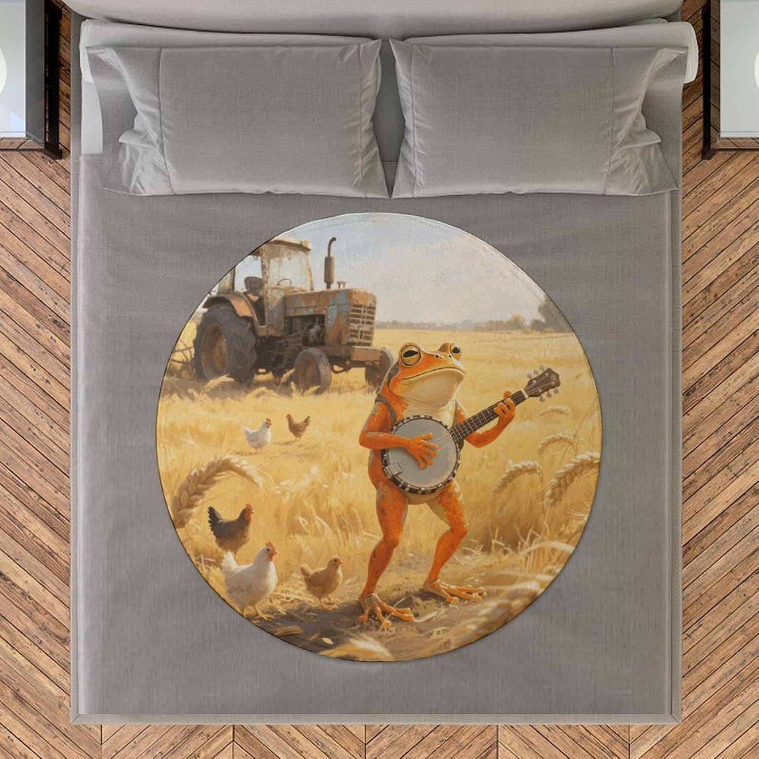 Orange Frog Playing Banjo Throw Blanket Round Beach Towel | 59.1 Inch Circular Flannel blanket Large Soft Beach Blanket Lightweight Foldable Beach Towel Throw for Daily Leisure Use
