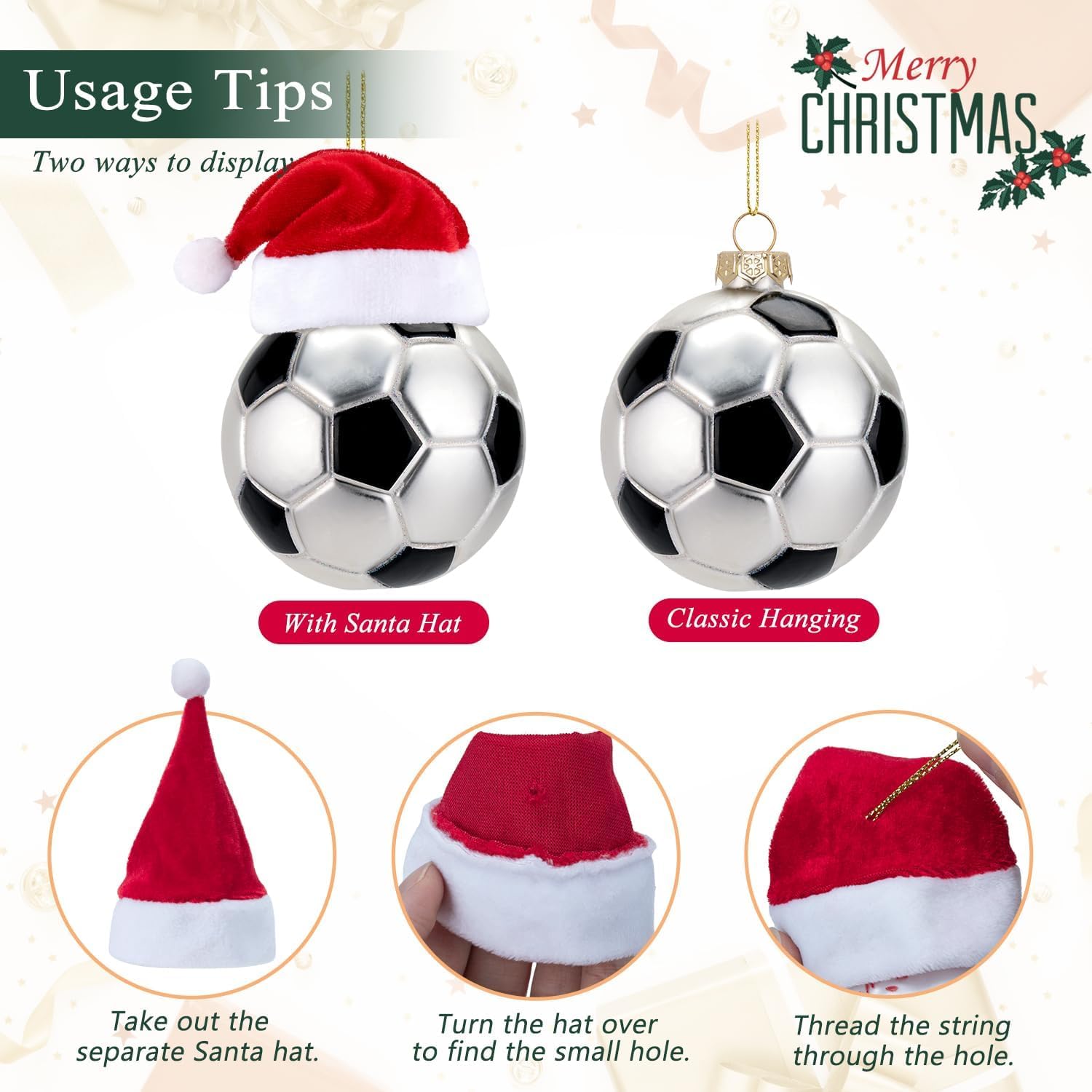 Christmas Soccer Small Glass Blown Ornament, 2025 Hand-Painted Mini Sports Ball Decoration with Removable Santa Hat for Boys and Girls, Xmas Tree Themed Party Holiday Decor Kids Gifts - Image 4