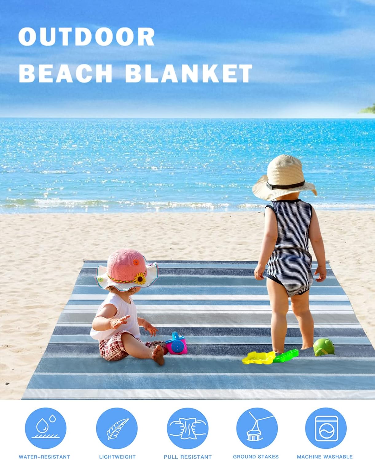 Watercolor Ombre Color Stripes Lines Beach Blanket Waterproof Sandproof Outdoor Picnic Mat 95"x80" Minimalist Style Lightweight Large Beaach Blankets with 4 Stake & 4 Corner Pockets