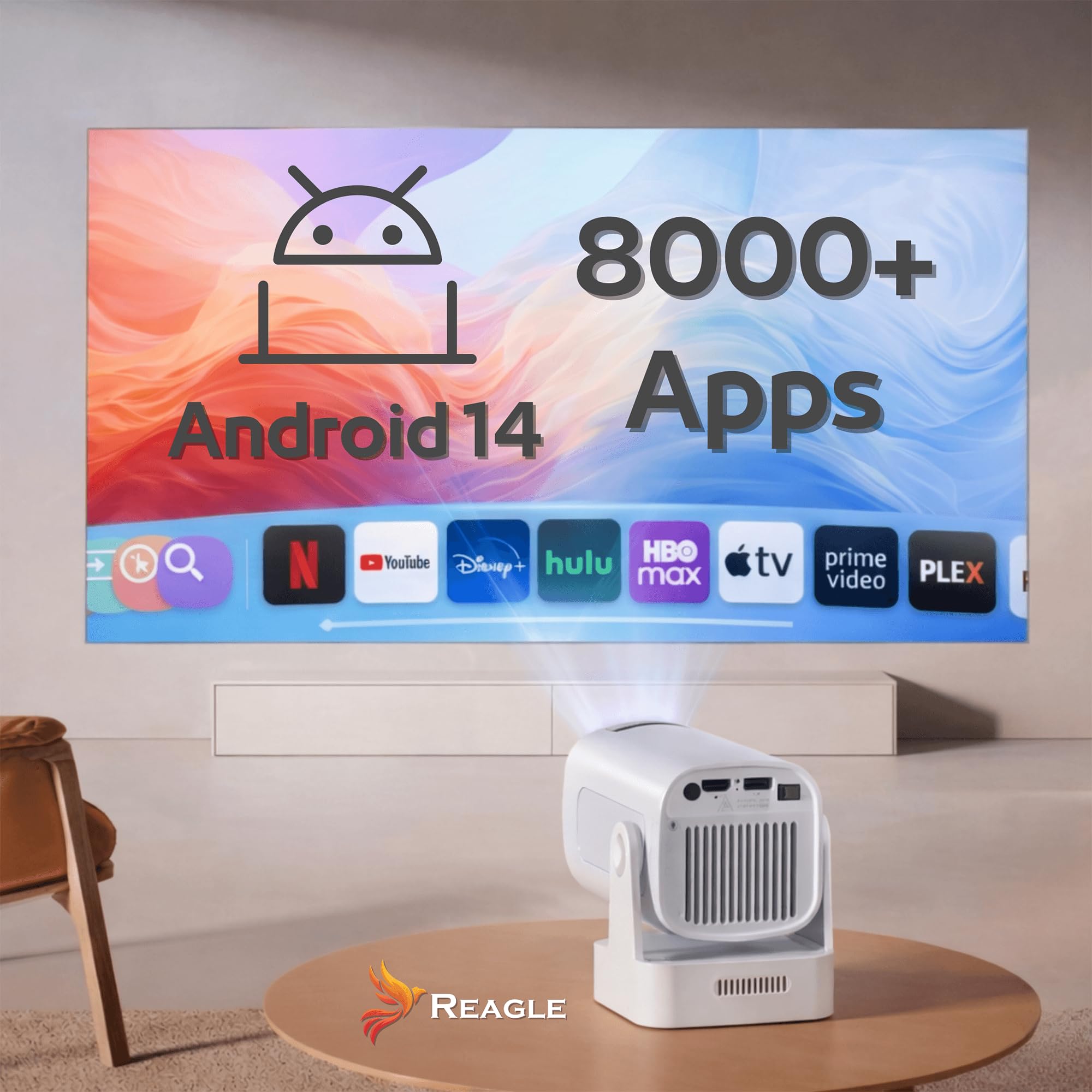 Reagle Mini proiettore Full HD 1080p 4K Upscaling Android WLAN Bluetooth Auto Focus 330 ANSI LED Proiettore Portatile 130 Pollici Keystone HDMI USB Smart TV Wi-Fi Home Cinema Miracast