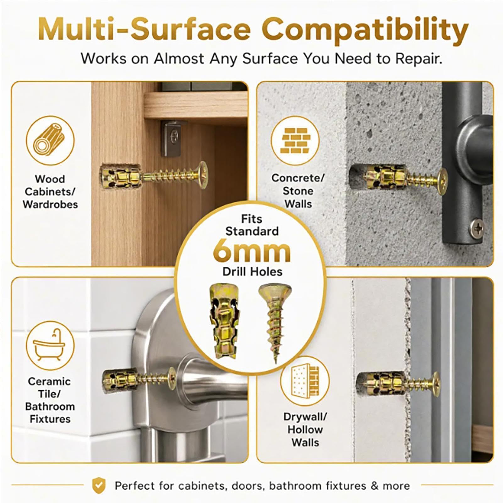 Hinge And Repair Screw Expansion krótkie metalowe okucia rozporowe, śruba naprawcza do drzwi, ściany, domu, pracy, garażu, montażu mebli, instalacji, prac stolarskich