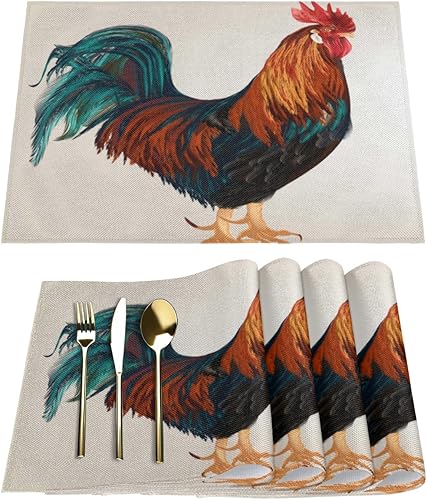 Majestic Rooster - Juego de 6 manteles individuales cuadrados de tela de gallo para mesa de cocina, resistentes al calor, fáciles de limpiar,