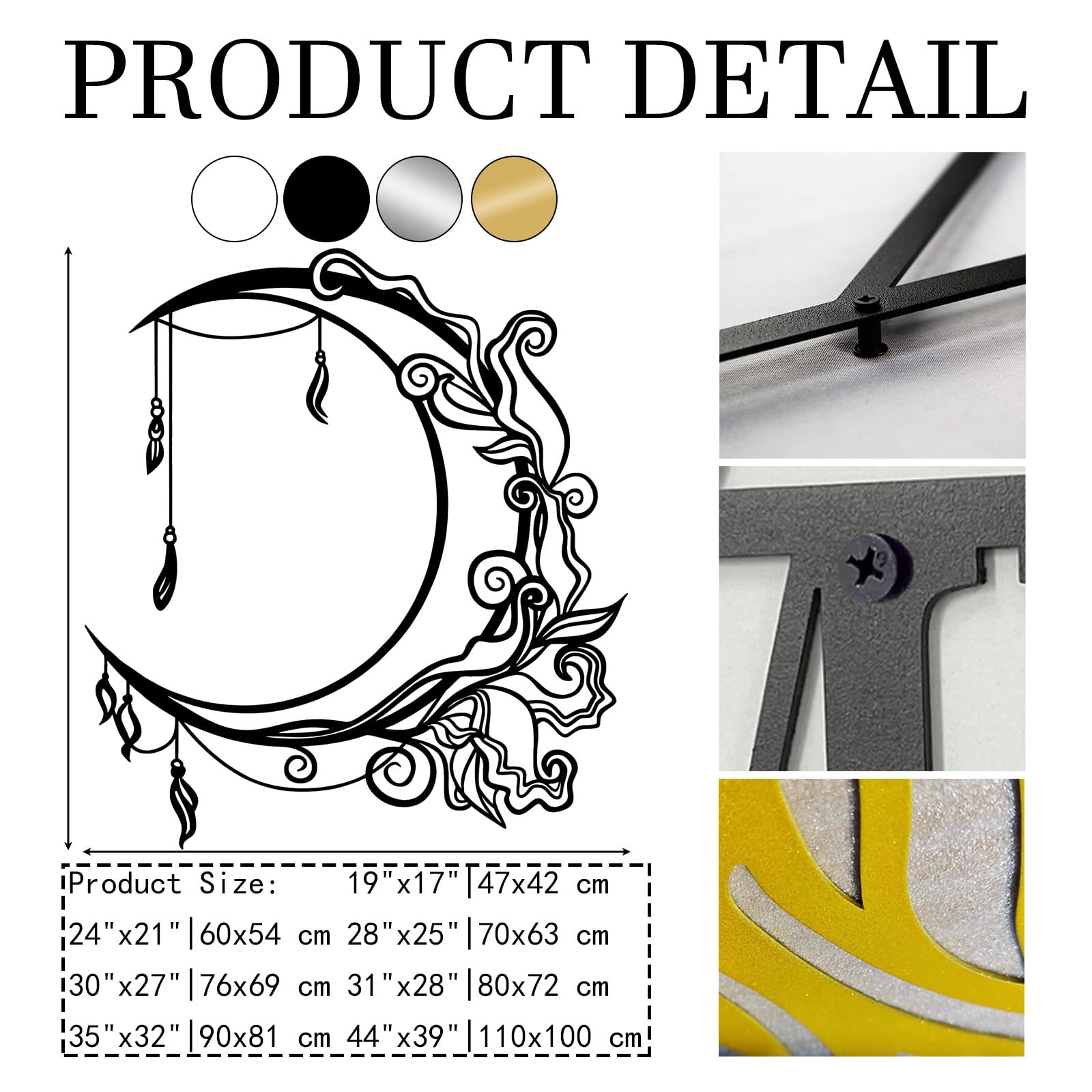 Arte de Pared Bohemio Floral con Luna Negra de Metal, decoración de Pared con Fases celestiales de Metal, Escultura Moderna de Arte Bohemio Floral con Luna para Sala de Estar, Pasillo y esca
