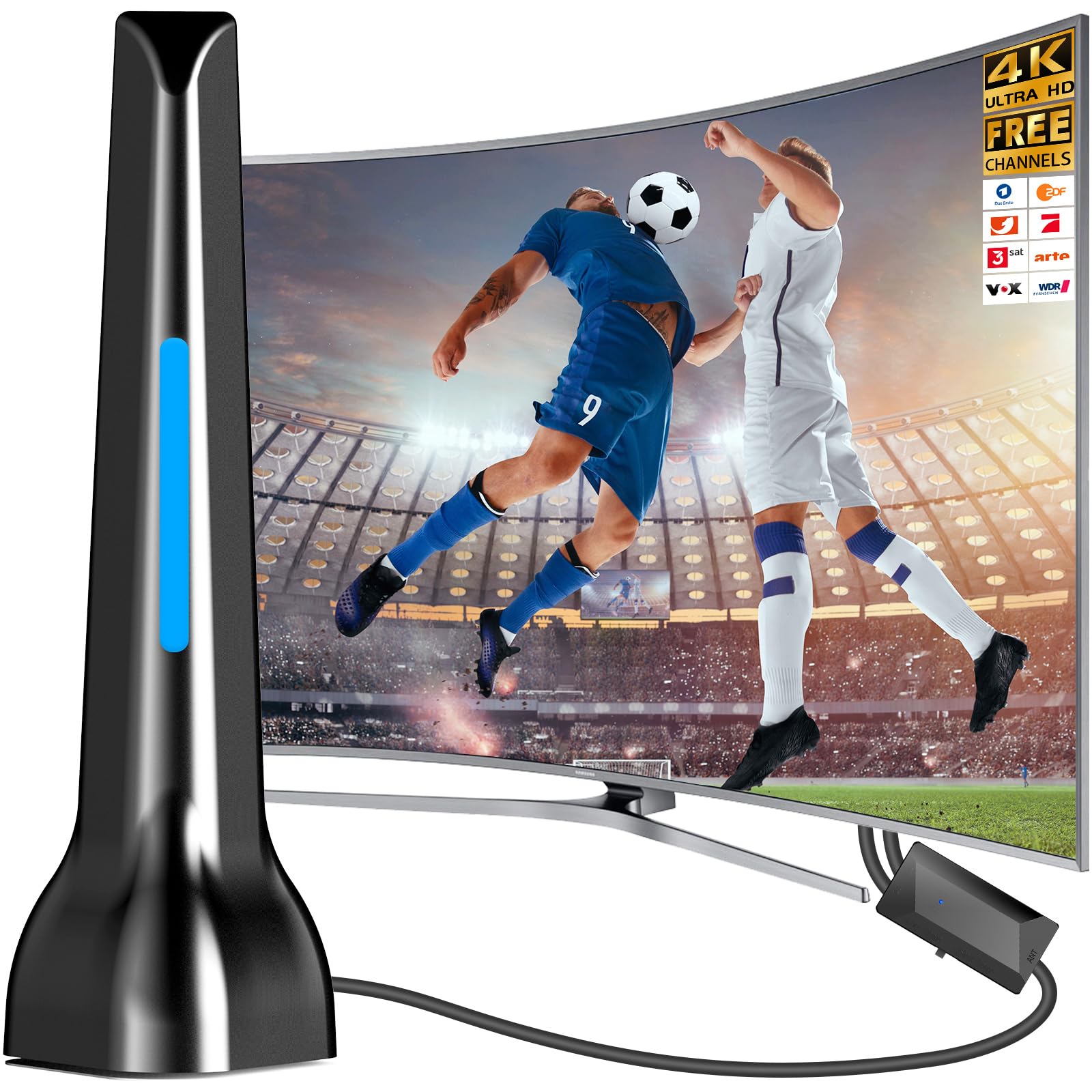 Antena DVBT2, antena DVB-T y DVB-T2 con amplificador, gran alcance y recepción de 360°, antena interior para televisores con base magnética fuerte, adecuada para cables 4K 1080p y todos los