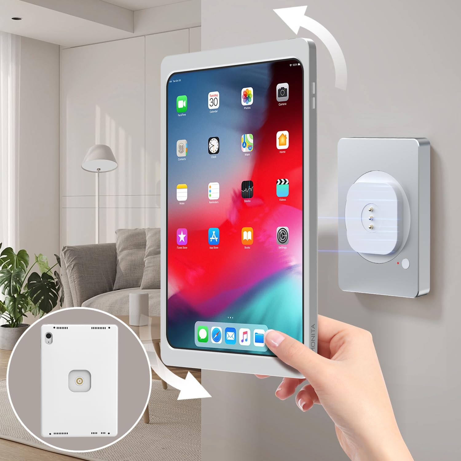 EMONITA Magnetic Wall Mount with Charging Case A10 for iPad Air 13-Inch (M2). 100-250V AC 18W Quick Charge, Strong Magnets, 360 Rotation