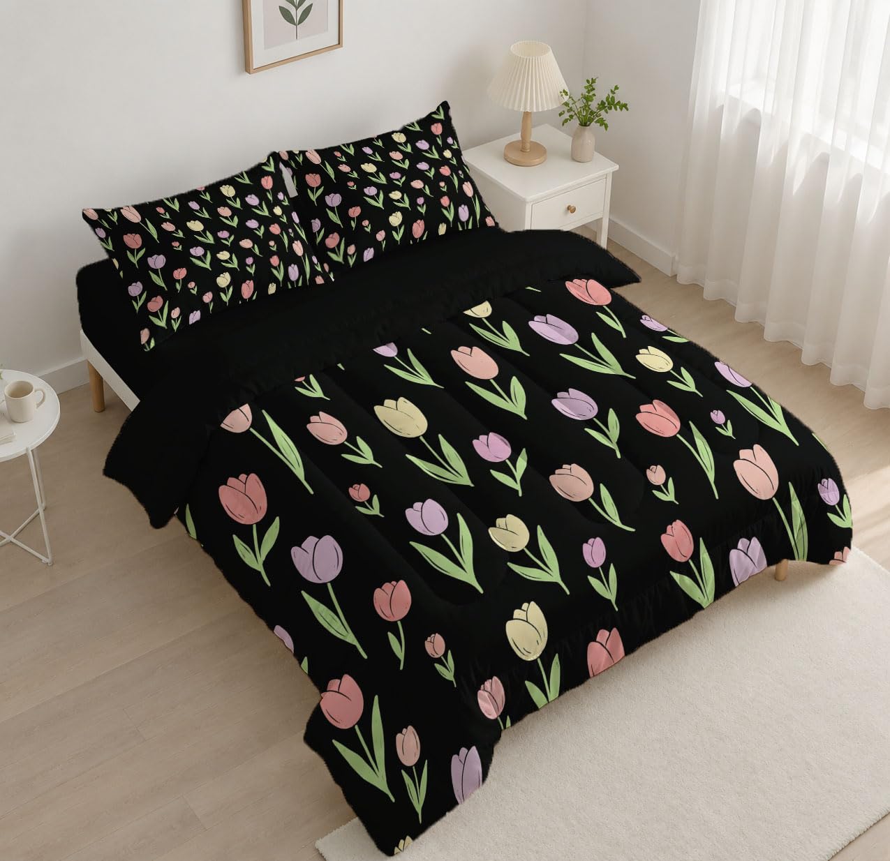 Copriletto Trapuntato Per Bambini Con Tulipano Dei Cartoni Animati | Trapunta Singolo Invernale, Nero, Piumone Caldo Morbido Piante Carine Per Decorazione Camera Da Letto