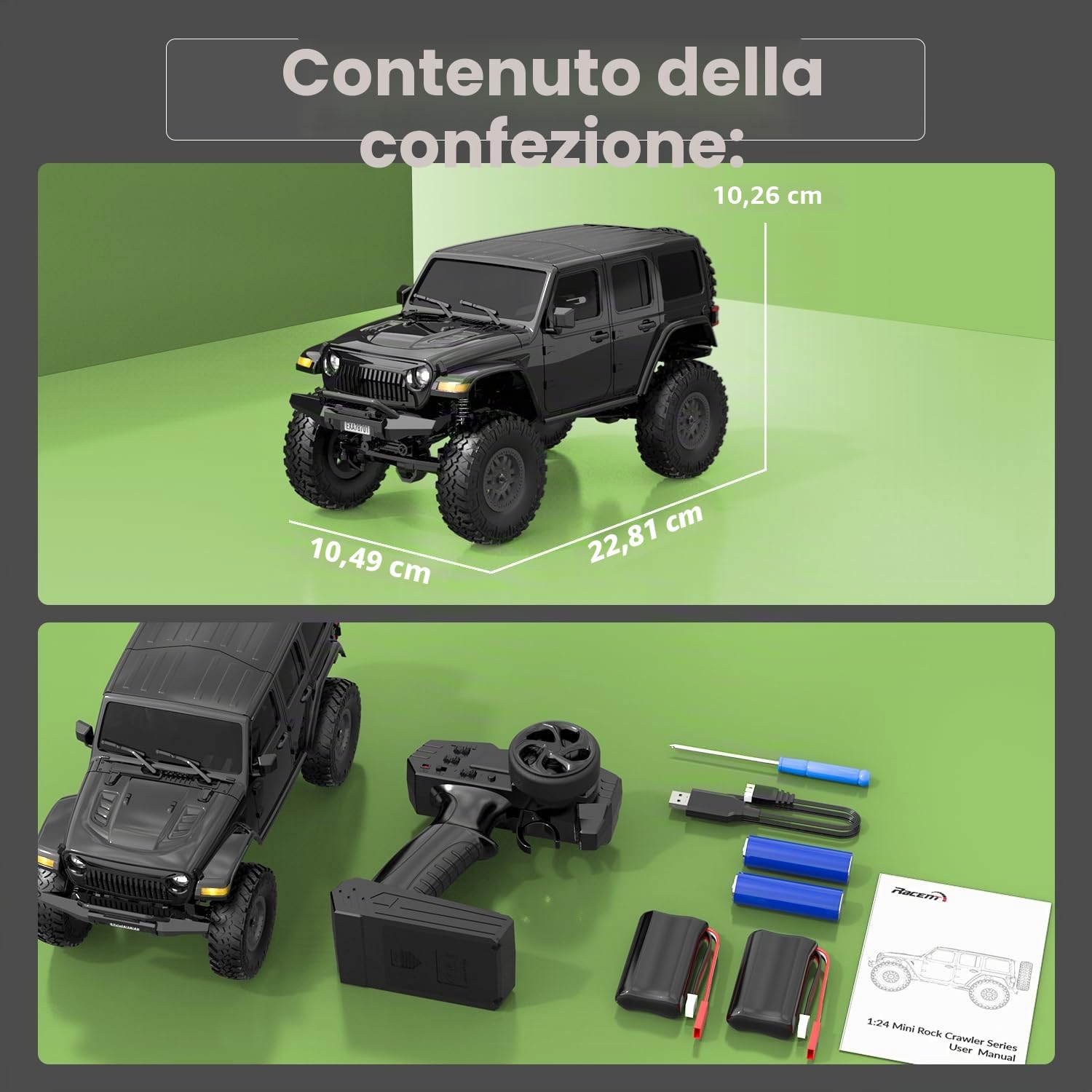 FLYCOLOR RCS24 Off Road 1/24 RC Truck 4x4 Off Road Crawler veicolo da arrampicata All Terrain RC Monster Truck telecomando auto con faro luminoso 2 batterie impermeabile giocattolo hobby (RTR nero)