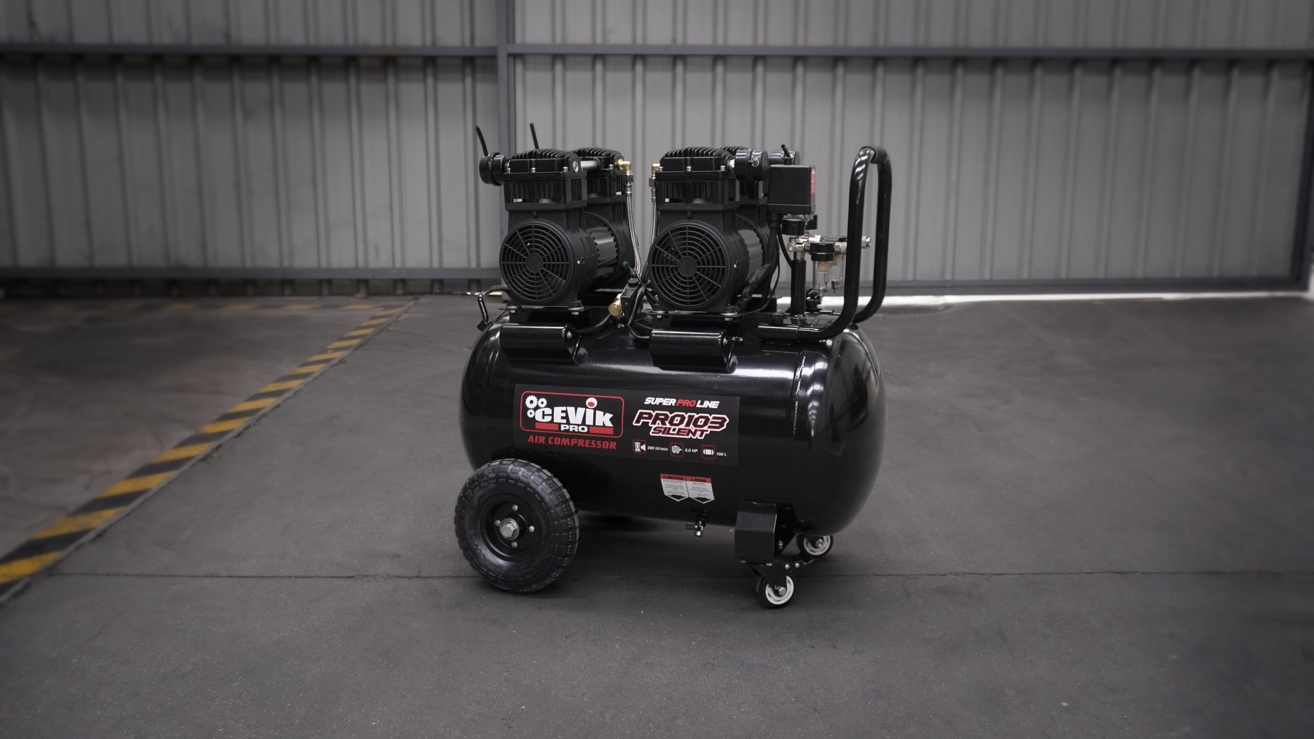 CEVIK PRO - CA-PRO103SILENT - Compresor Aire Silencioso - 68 dB - 100 litros - 3HP - Máx 9 Bar - 390 l/min - Sin Aceite - Dos Salidas de Aire - Compacto y Portátil - Compresor de Pintura y Neumática