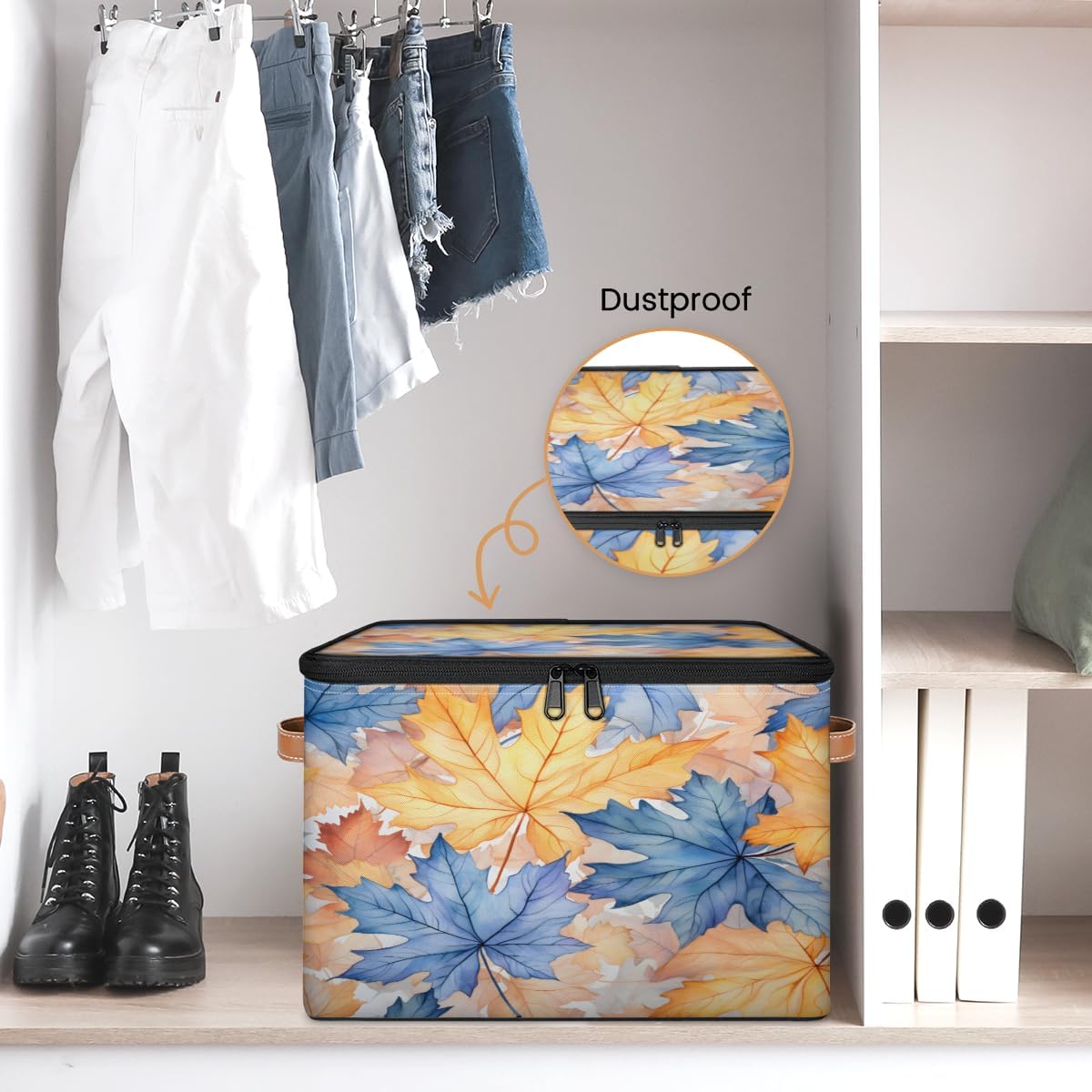 Storage Bin Set of 2 Fall Maple Leaves Storage Basket with Zipper Lid & Handle Foldable Closet Shelf 2 Pack Cloth Organizer Basket Cube Bins Clothes Organizer for Bedroom, Nursery