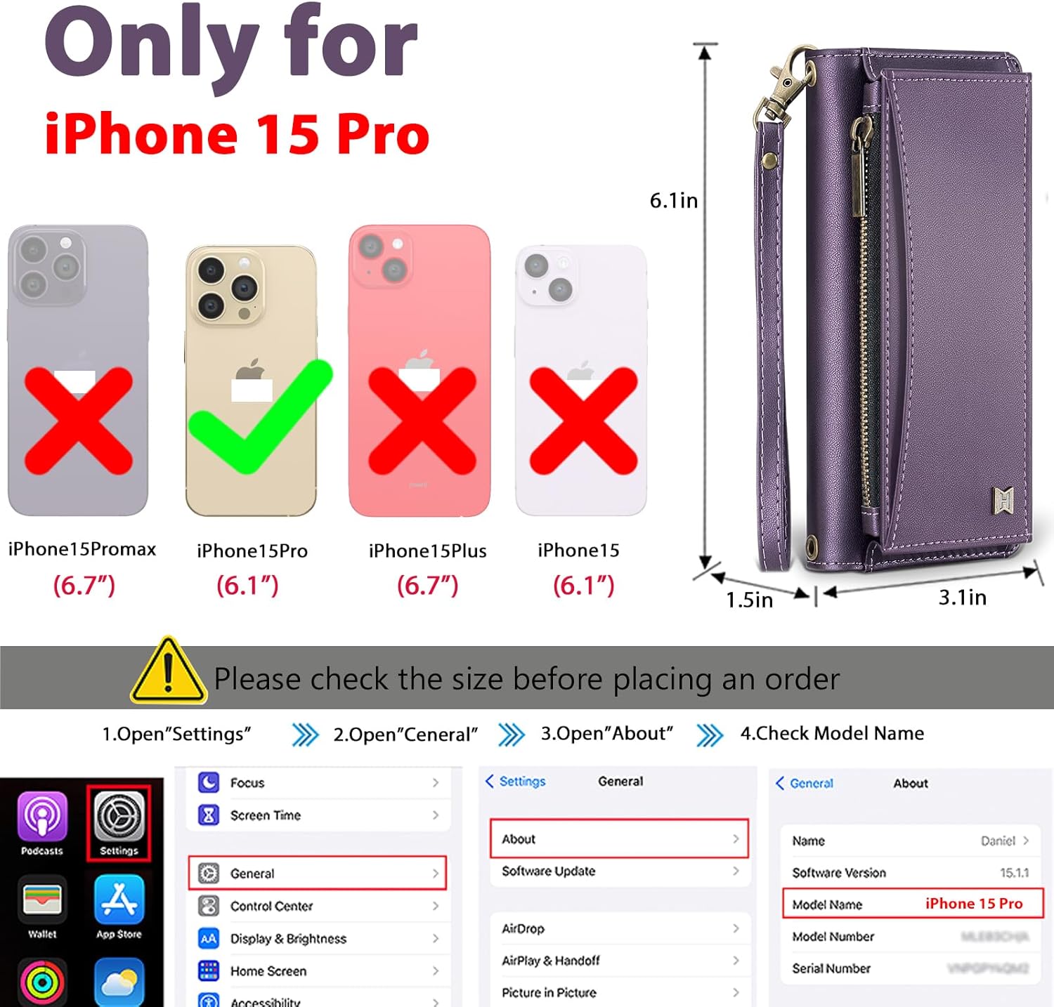 Wallet Case for iPhone 15 Pro with Card Holder/Crossbody Wallet/Strap| RFID Blocking | Magnetic | Kickstand | Detachable | PU Leather Phone Case for iPhone 15 Pro,6.1 in,Purple for iPhone 15 Pro Purple