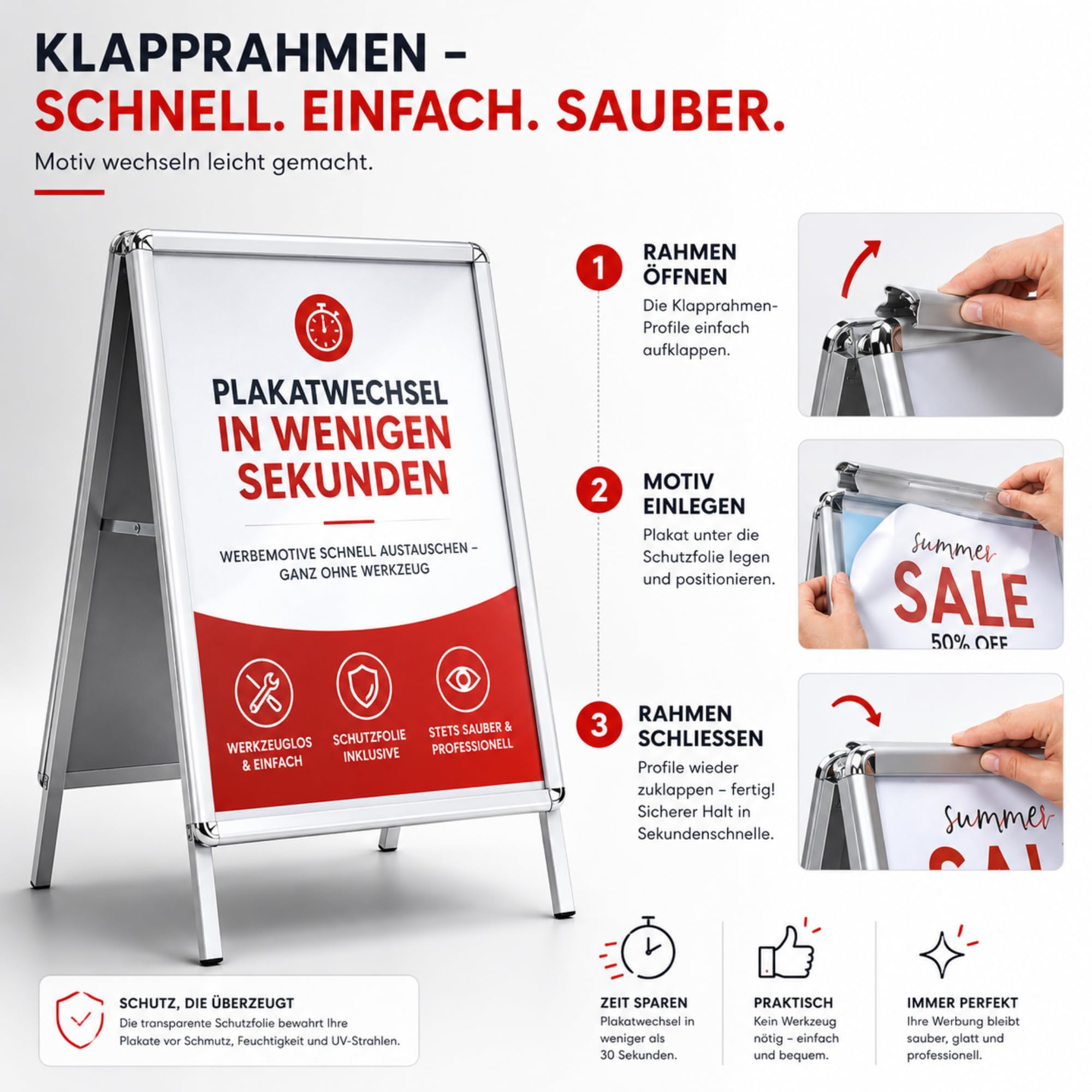 OfficeMarshal Kundenstopper DIN A1 - mit Alu Rahmen 25mm - beidseitig für 2 Plakate -inklusive Schutzfolie - wetterfester Plakatständer - Gehwegaufsteller Werbetafel