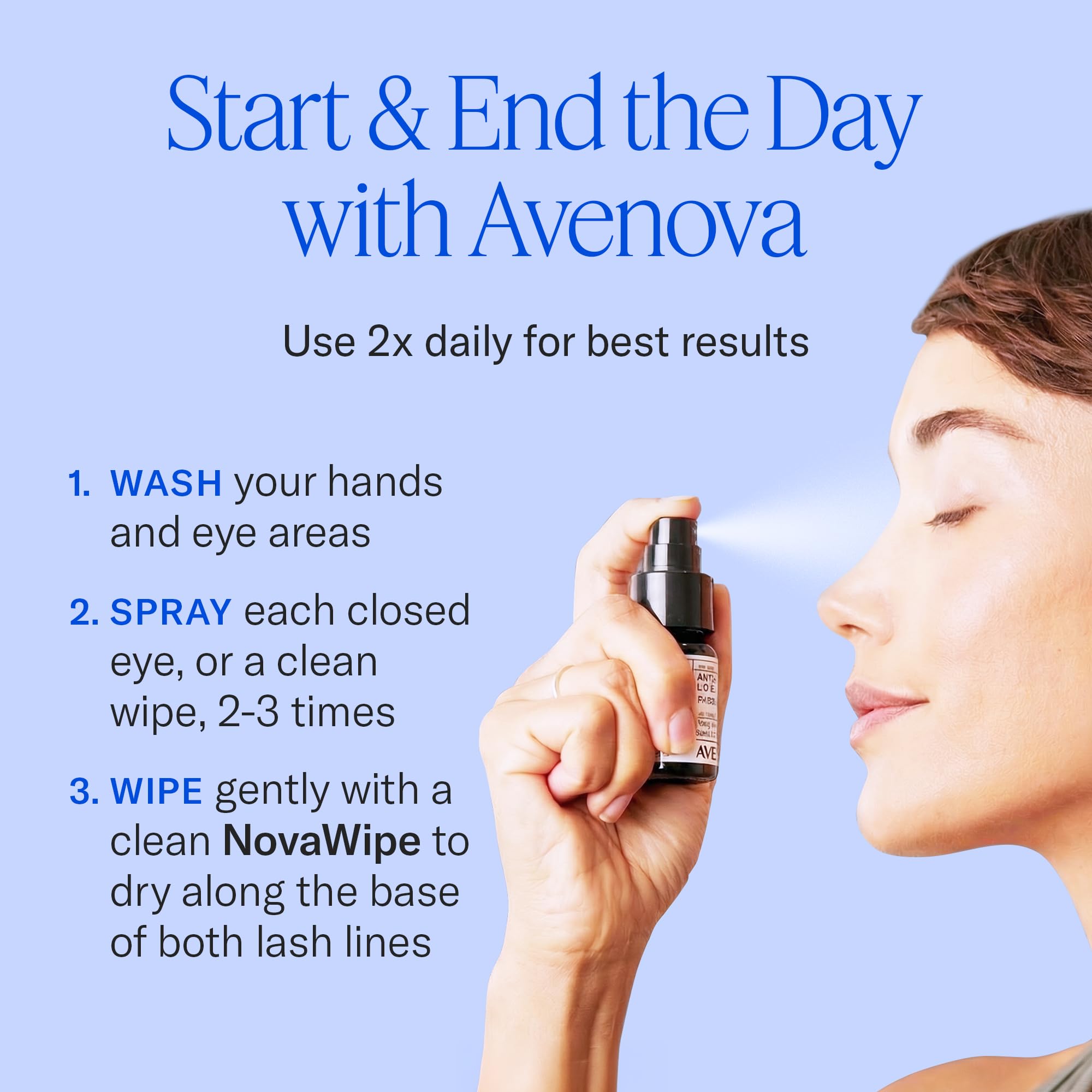 Avenova Spray limpiador de párpados y pestañas con toallitas secas, dúo de limpieza diaria con spray suave y puro ácido hipocloroso y toallitas para párpados para irritación ocular, botella de vidrio