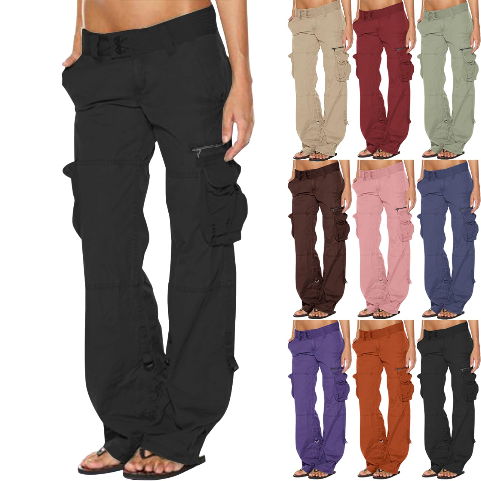 Low Rise Cargo Pants for Women Lightweight Baggy Stretchy Straight Pant Multi Pockets Causal Y2K Streetwear Trousers