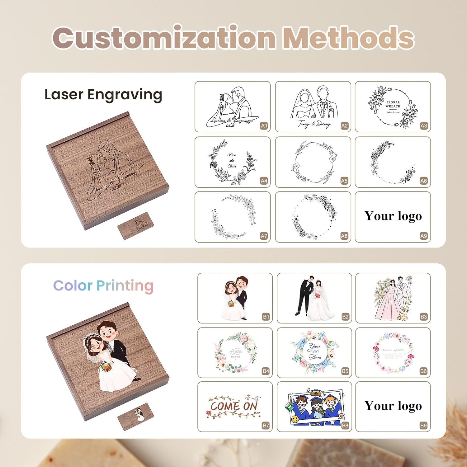 4GB Custom Wood USB 3.0 Flash Drive with Album Box, Wedding Thumb Drives, Personalized Rectangle Memory Sticks, Engraving/Printing Your Logo & Text for Graduation/Birthday/Parents/Photography