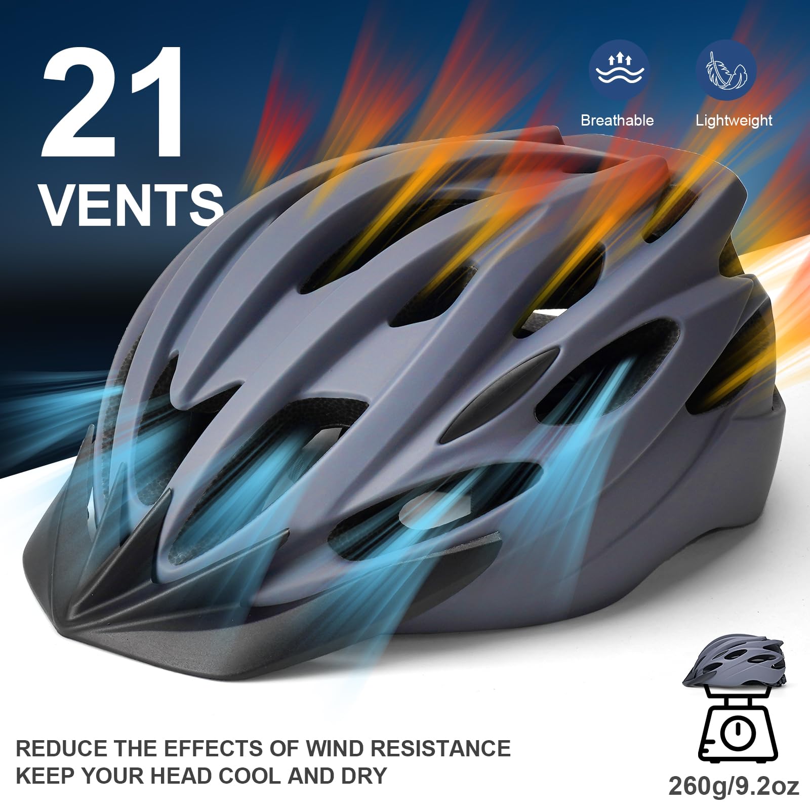 Casco de Bicicleta con Luz LED Trasera – 21 Orificios de Ventilación, Ligero y Transpirable para Montaña y Carretera, Talla Ajustable 54-62 cm