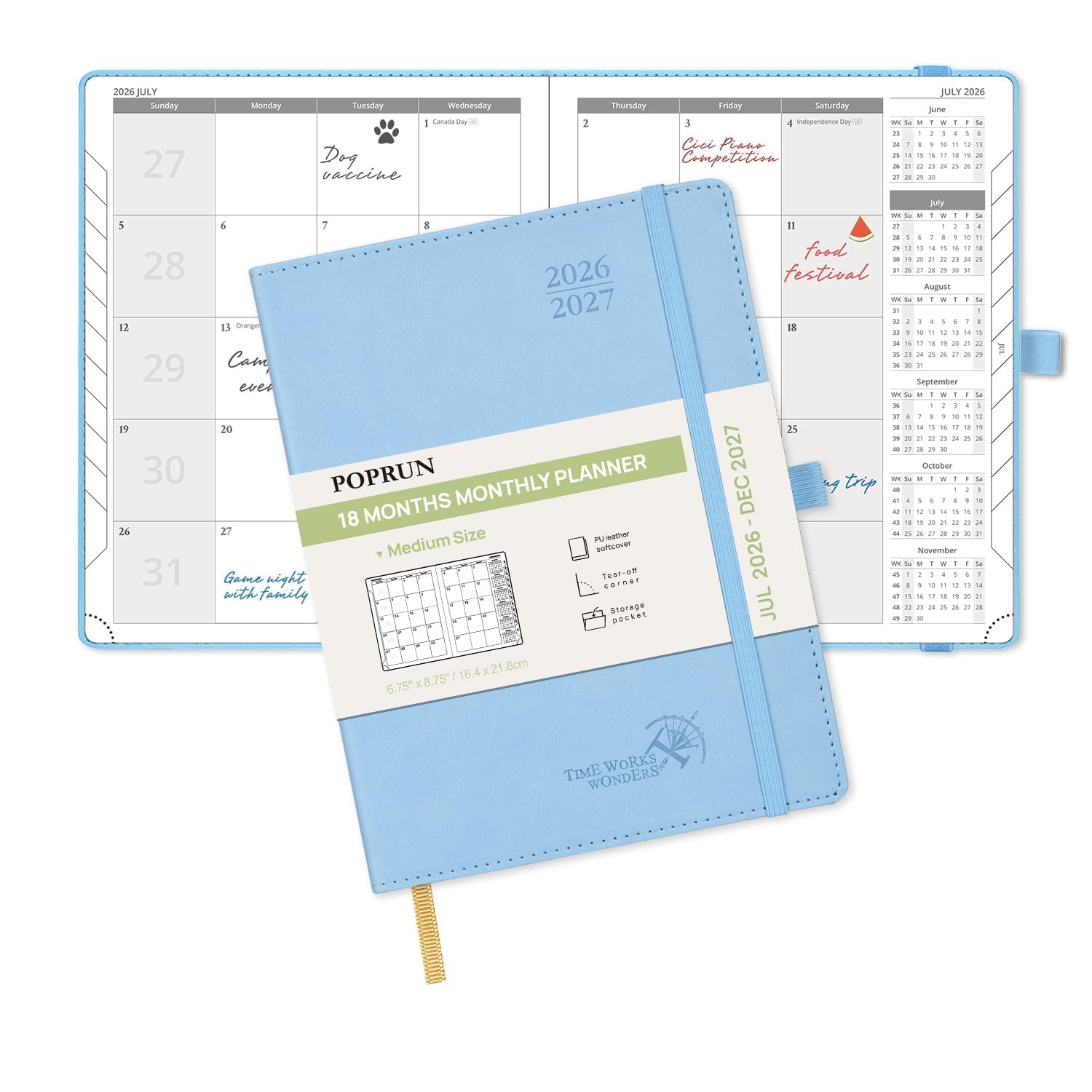 POPRUN A5 Month to View Diary 2026-2027 22x16.5cm (18-Month: Jul'26 - Dec'27) Monthly Planner, Soft Cover, Sunday Start, Monthly Tab(Blue)