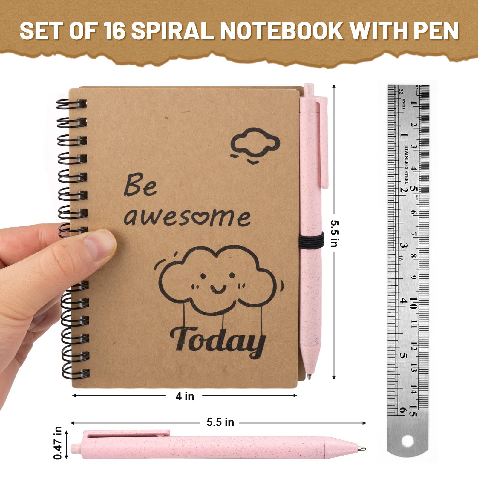 Dynta Inspirierende Tagebücher, Großpackung, 16 Sets, A6, Spiralnotizbuch mit Stroh-Kugelschreiber, Krafteinband, motivierendes, kleines Notizbuch, Büro, Schulbedarf, Geschenke für Kollegen
