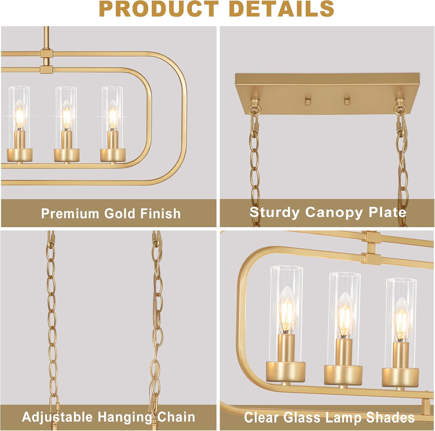 Dining Room Light Fixture, 6 Lights Gold Kitchen Island Light Dining Room Chandelier Modern Linear Chandelier Large Gold Pendant Chandeliers Farmhouse Chandeliers, Clear Glass-36“