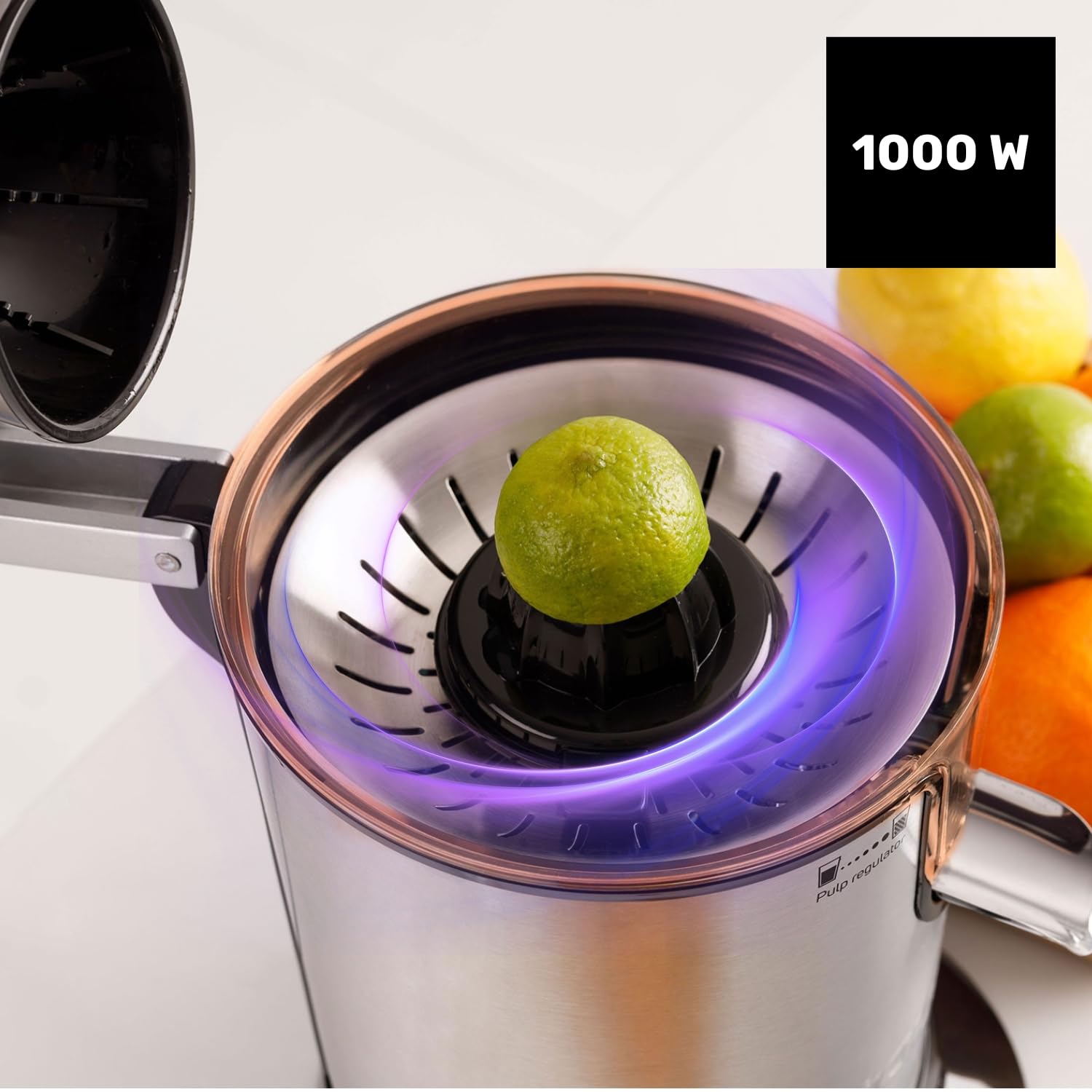 Taurus - Easy Press 1000 Legend | Spremiagrumi Elettrico a Leva | 1000W | Motore AC Professionale | Coni per Agrumi | Filtro Polpa Regolabile | Facile Pulizia | Senza BPA | Versamento Continuo.