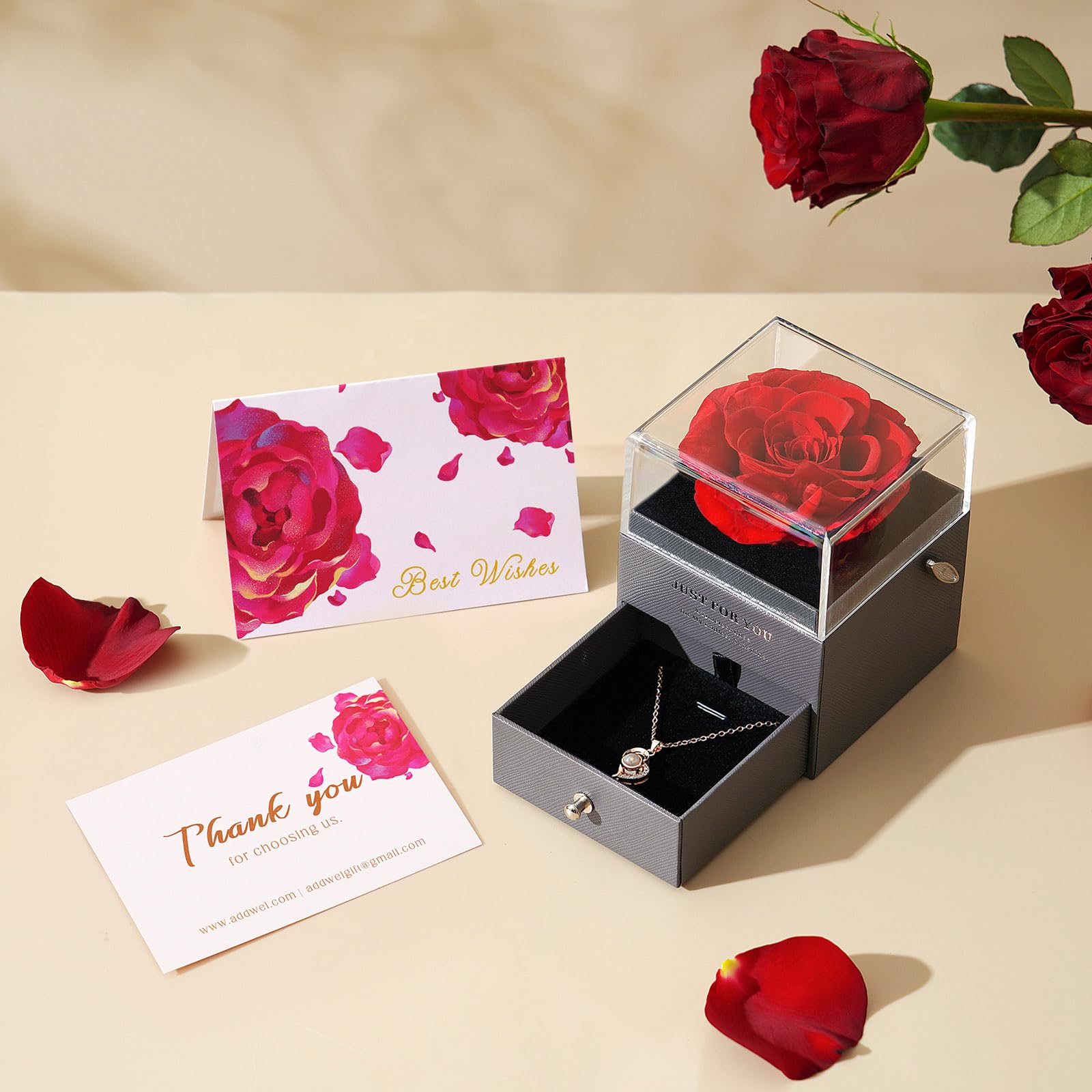 ADDWel Cadeau Anniversaire Femme Original - Cadeau Femme Rose Eternelle Boîte à Musique Romantique avec Collier Je T’aime 100 Langues Cadeaux Saint Valentin Noel Fete des Meres Maman Grand Mere Copine
