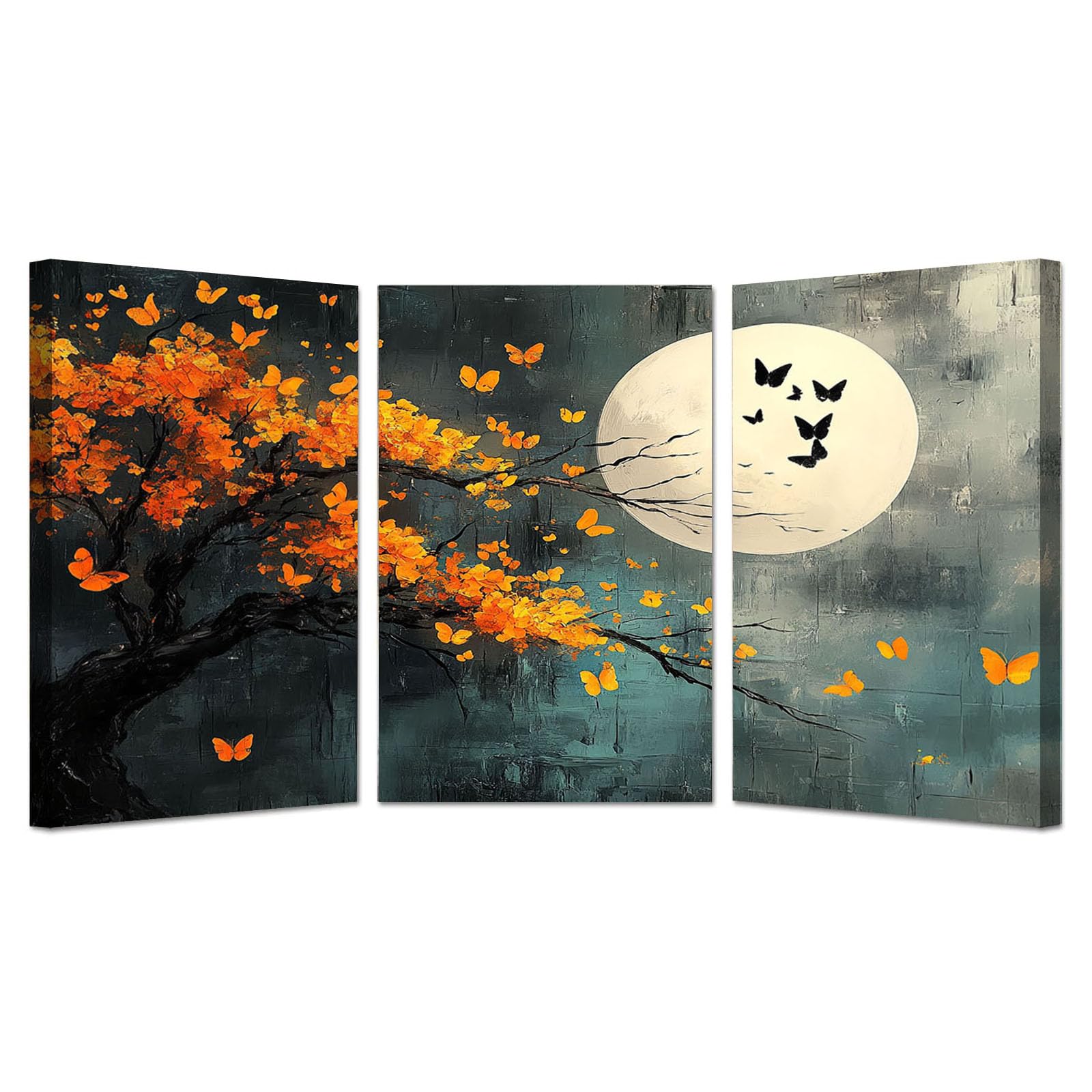 WQBQKKX Set de 3 Arbol De La Vida Cuadro Moderno en Lienzo Árbol Flores de luna llena Cuadros Pintura Carteles E Impresiones, Arte De Pared De Porche（Red 108-60x80cmx3 Enmarcado