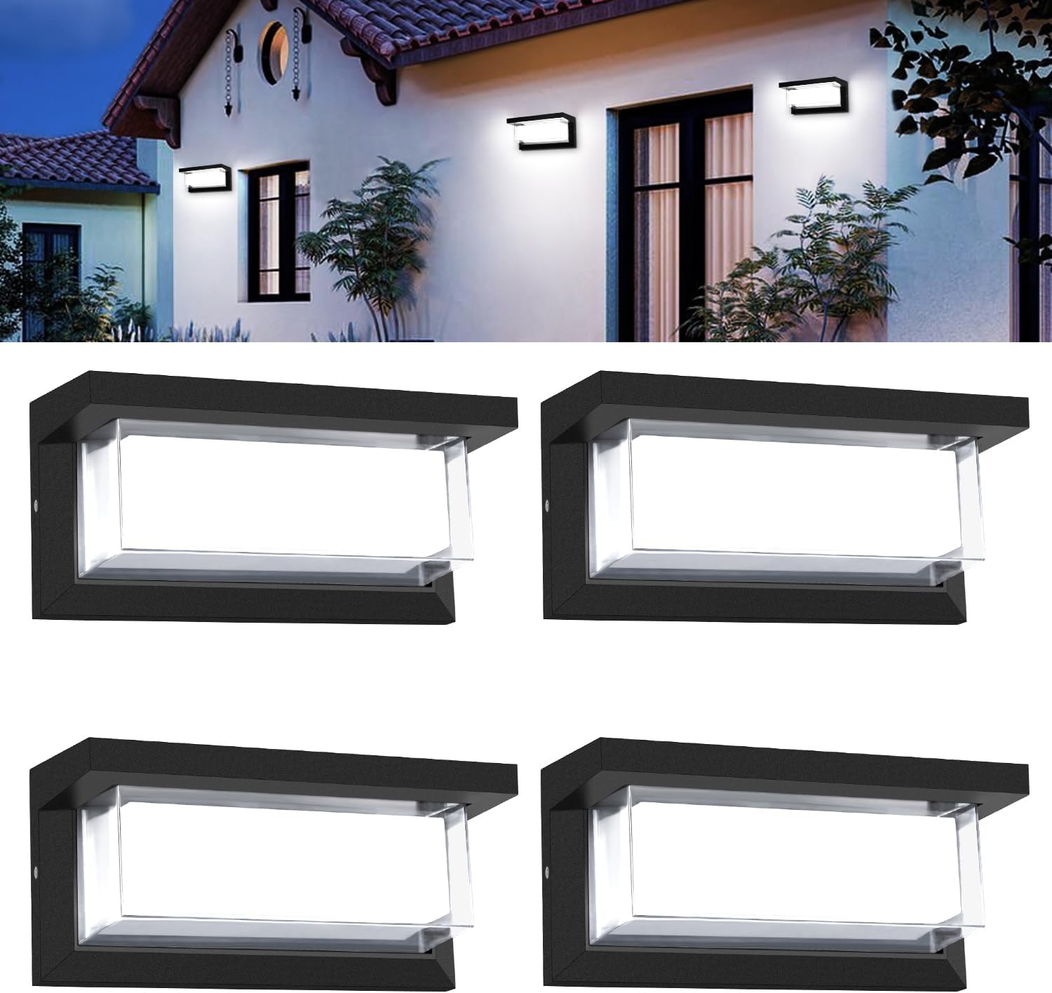 4 Pack 6000K Outdoor Porch Lights, 18W 1800LM LED Wall Lighting, IP65 Waterproof Rustproof Aluminum Modern Exterior Fixtures for Front Door, Patio, Backyard 6000K - 4 Pack