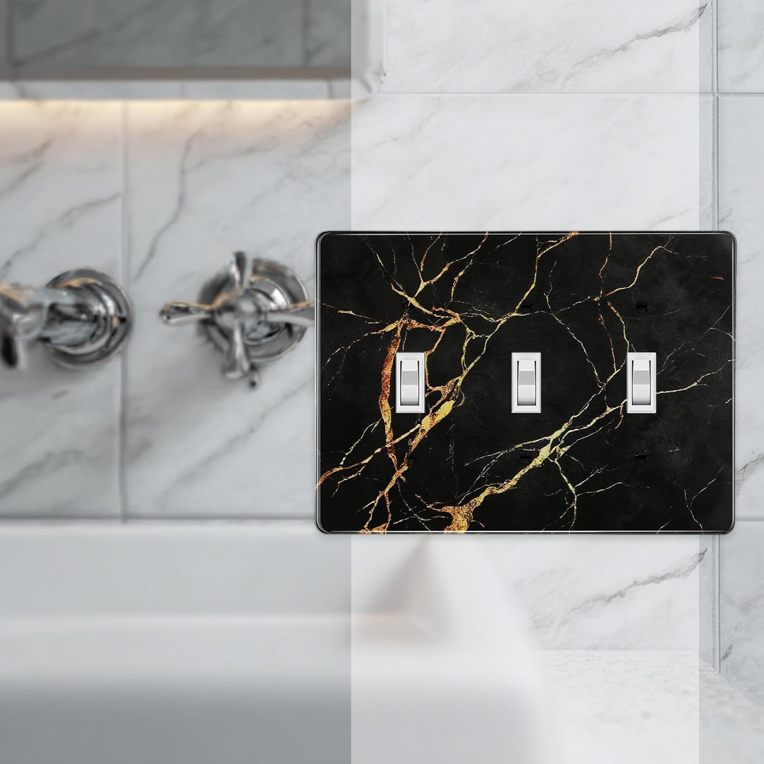 Black Gold Stone Pattern Textured Marble Light Switch Plates Wall Plates Decorative Electrical Outlet Cover Plates Acrylic Double Outlet Covers Switch Plates 3 Gang