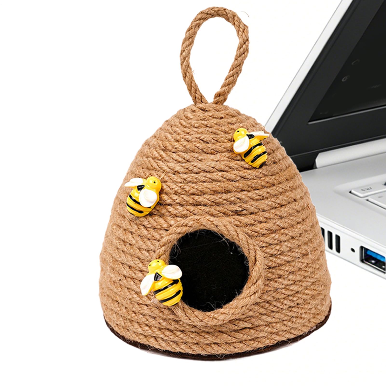 Bienenstock- – Bienenstock aus gewebtem Juteseil, abgestuftes Tablett, Bauernhaus-Anhänger, 11 x 11 cm kompaktes Ornament + 15 cm Aufhängeschlaufe, Konstruktion aus Naturfaserschnur – für Küche u