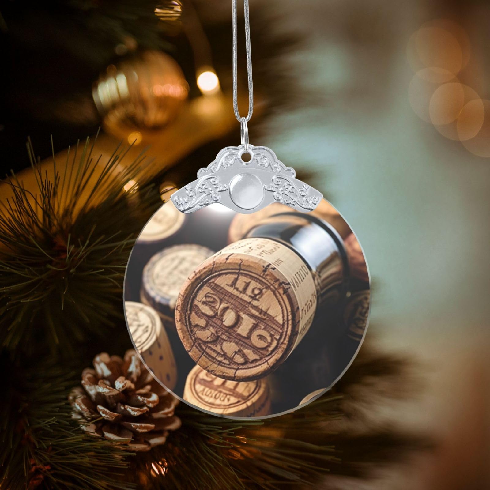 Crystal Christmas Ornaments for Christmas Tree Decoration Hanging Wine Bottle Stopper with Vintage Ornament with Gold Ribbon Crafts Round Pendant for Keepsake Gifts Glass Xmas Decor Party Supplies