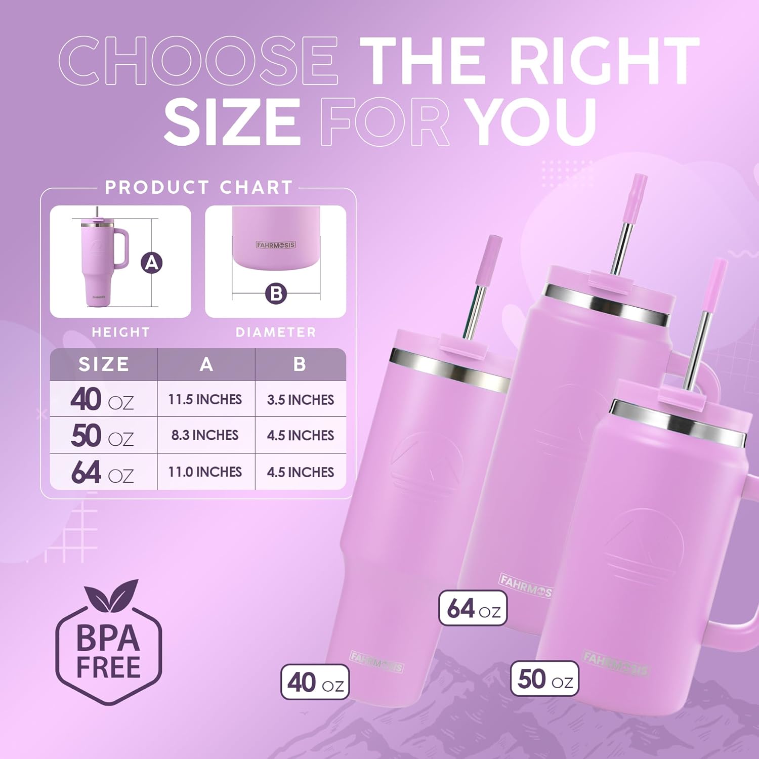 40 Oz Tumbler with Handle and Straw Insulated Cup that Fits in Cup Holder for Hot & Cold Drinks Leak Proof Tumbler with Straw Stainless Steel Travel Mug for Men & Women - Lavender - Image 3