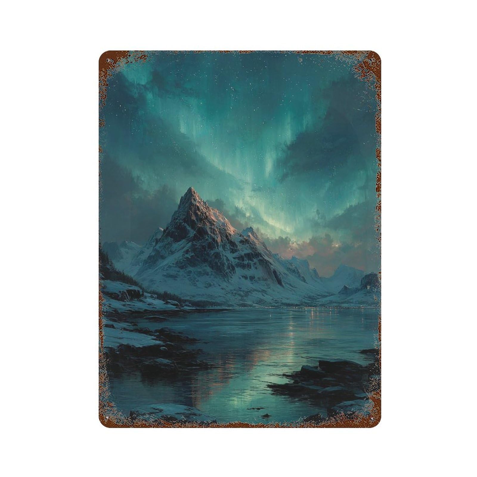 Snow-Capped Mountain Aurora Reflections Decorative Tin Sign 15.7"x11.8", Farmhouse Wall Decor for Garage, Bar And Workshop Decor