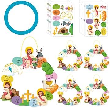 PAIVSUN 12Pcs Easter Wreath Craft Kits, DIY Holy Week Christian Wreath Hanging Ornaments, Make Your Own Religious Paper Arts Craft for Sunday Party Favors Home Activities Front Door Decor