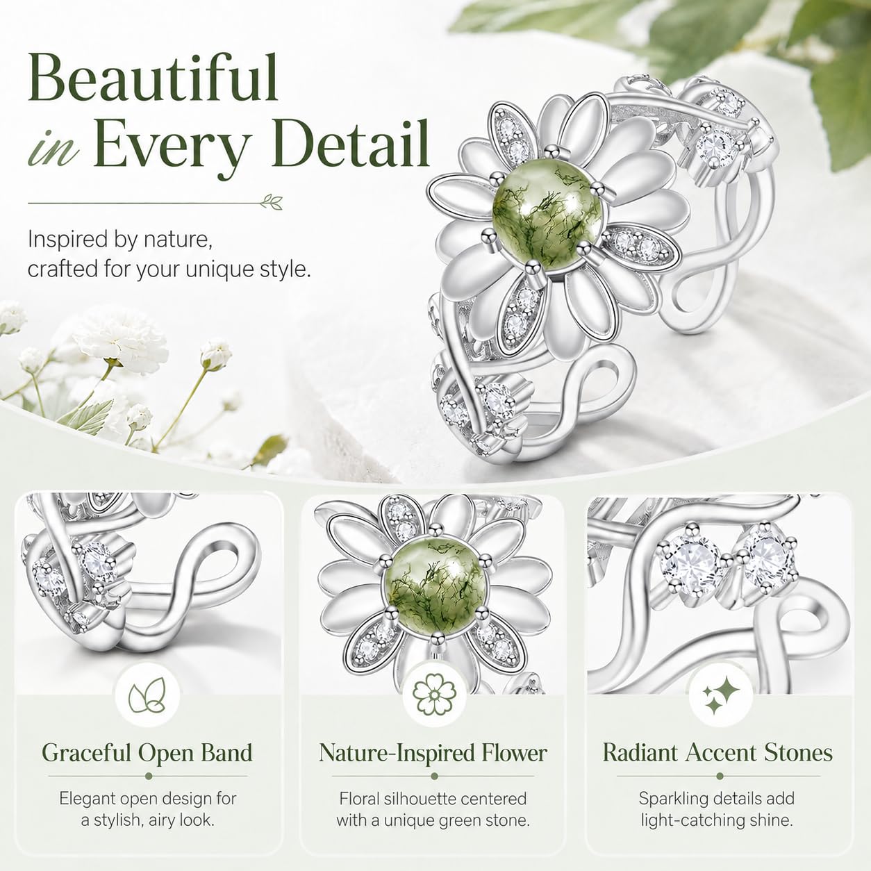 TANGPOET Anillo de plata de ley 925 con diseño de margaritas, anillo de compromiso, joyería de regalo para mujeres y mujeres, Ágata