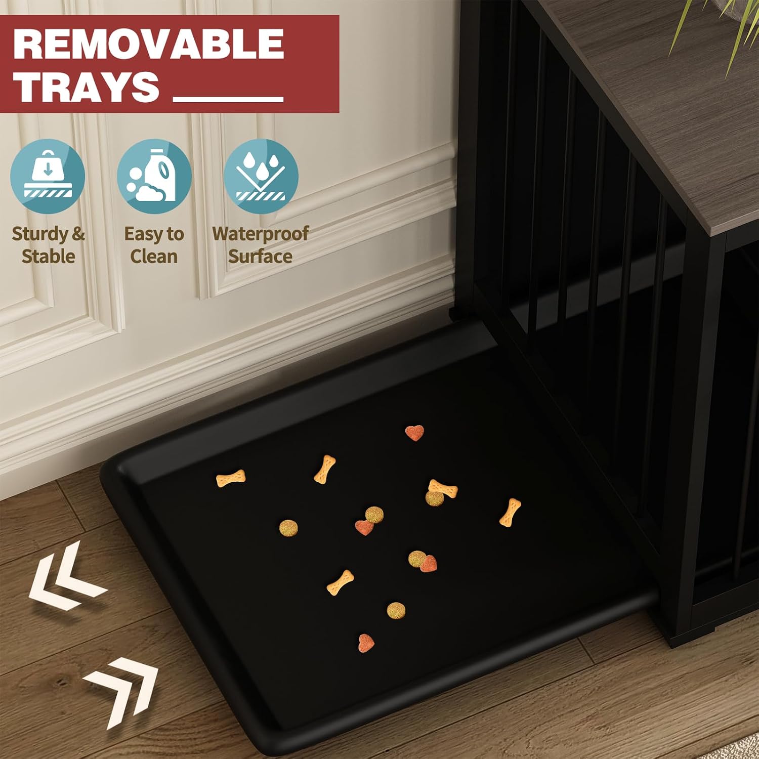 MOOLIVE Large Double Dog Crate Furniture, 70.9'' Wooden Dog Crate Kennel with Removable Tray and Divider, XXL Dog Crates Cage Furniture, Black+Grayish Brown Tabletop (ZUAN-AMKF150145-03)
