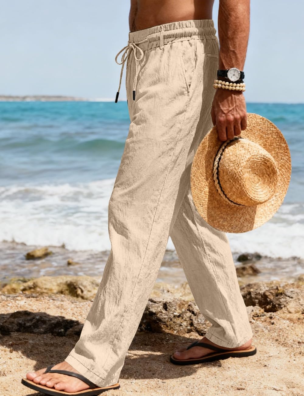Men's Casual Linen Pants Elastic Waist Drawstring Summer Beach Lightweight Trouser with Pockets